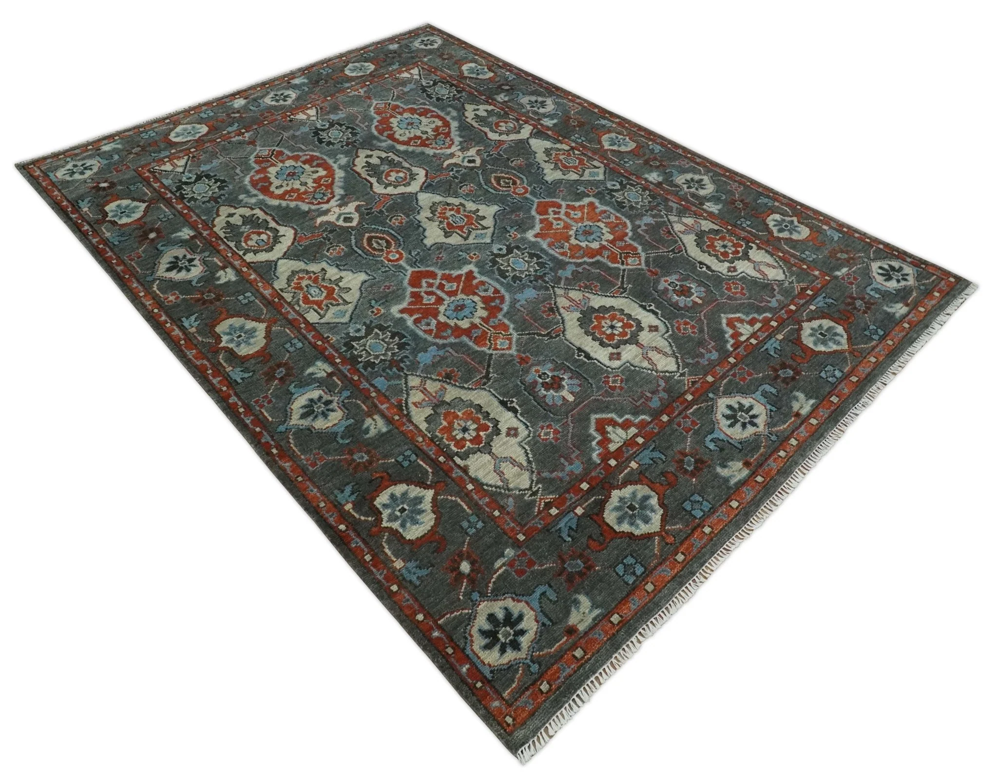 Antique look Gray, Rust and Ivory Hand knotted Traditional Oushak Multi Size Area Rug - Image 10