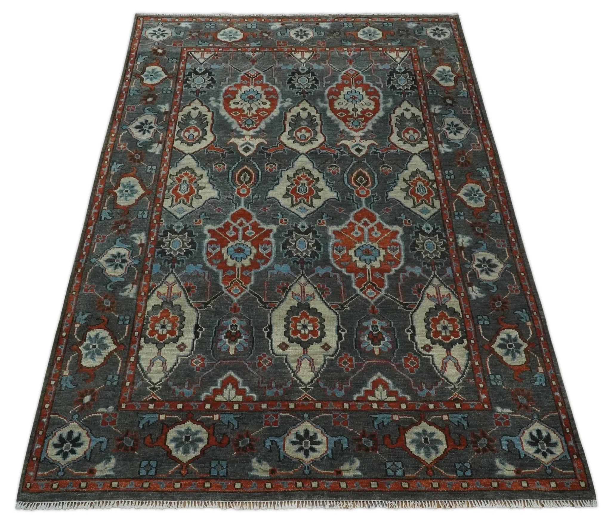 Antique look Gray, Rust and Ivory Hand knotted Traditional Oushak Multi Size Area Rug - Image 11