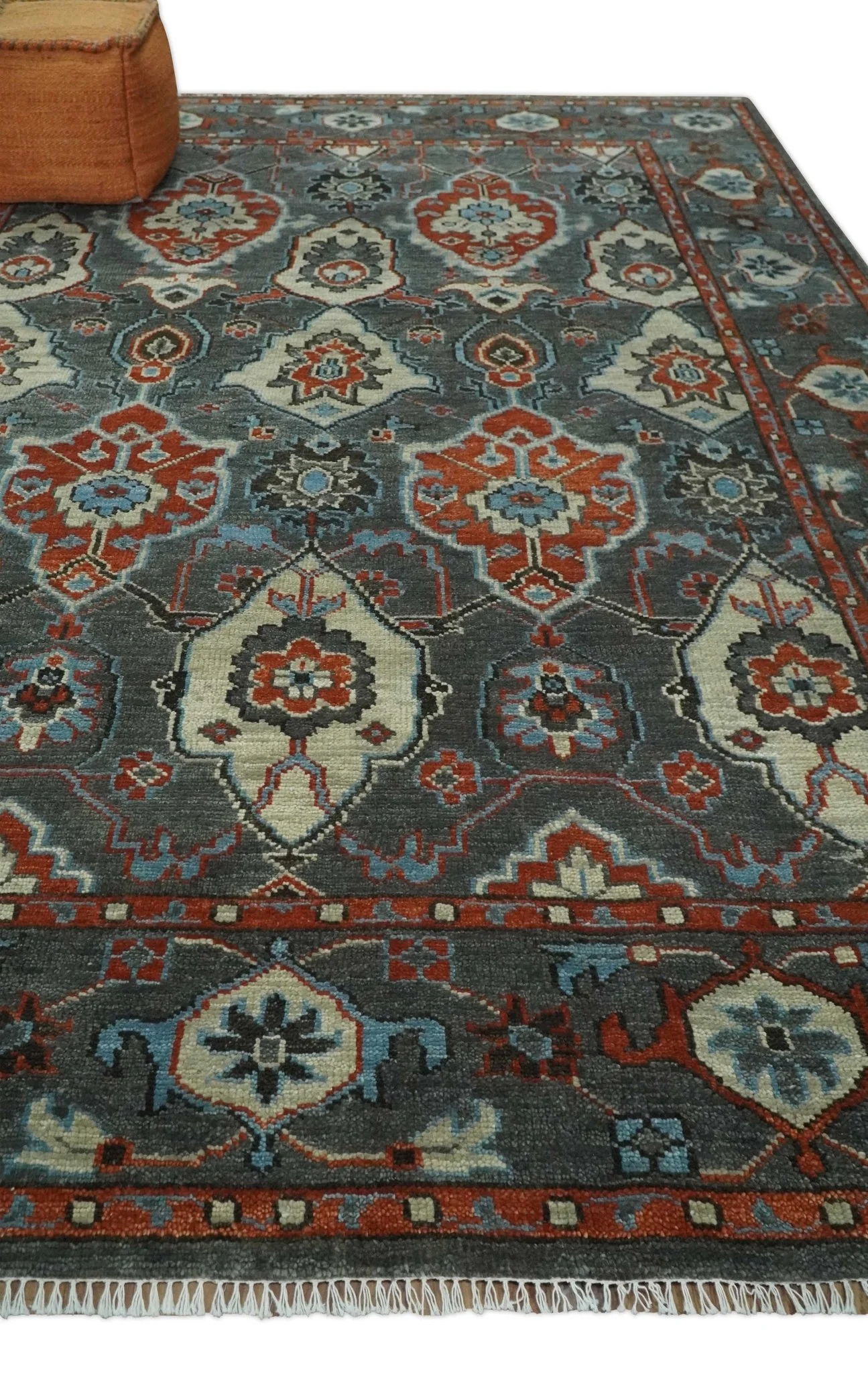 Antique look Gray, Rust and Ivory Hand knotted Traditional Oushak Multi Size Area Rug - Image 3