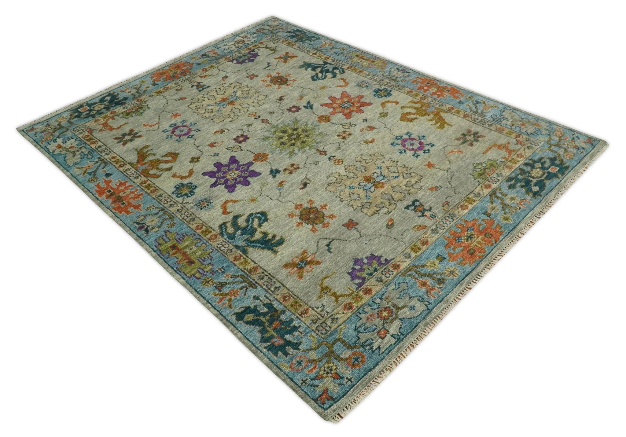 Vintage Style Vibrant Colorful Beige, Blue and Rust Hand Knotted Traditional Oushak Multi Size wool Area Rug - Image 10