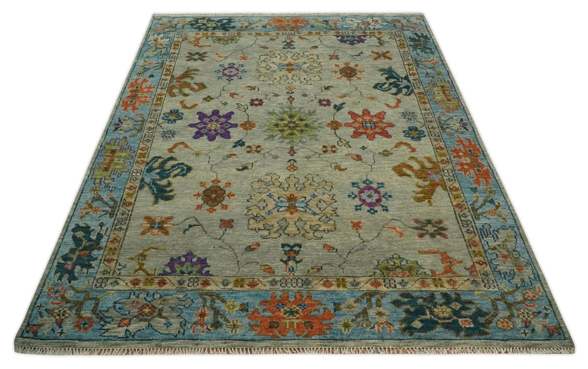 Vintage Style Vibrant Colorful Beige, Blue and Rust Hand Knotted Traditional Oushak Multi Size wool Area Rug - Image 11