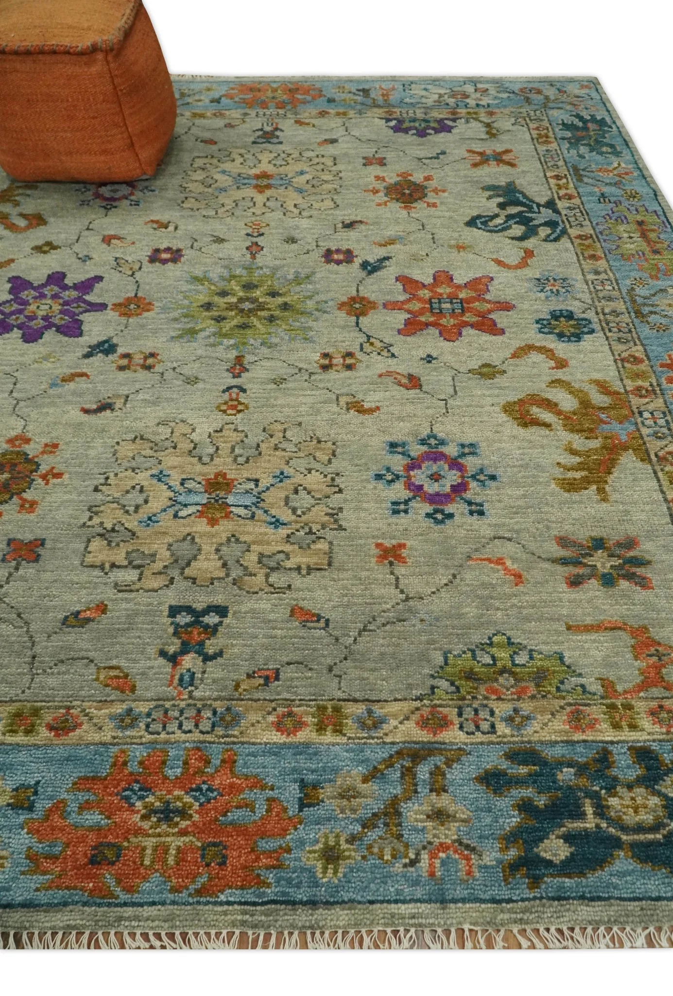 Vintage Style Vibrant Colorful Beige, Blue and Rust Hand Knotted Traditional Oushak Multi Size wool Area Rug - Image 3