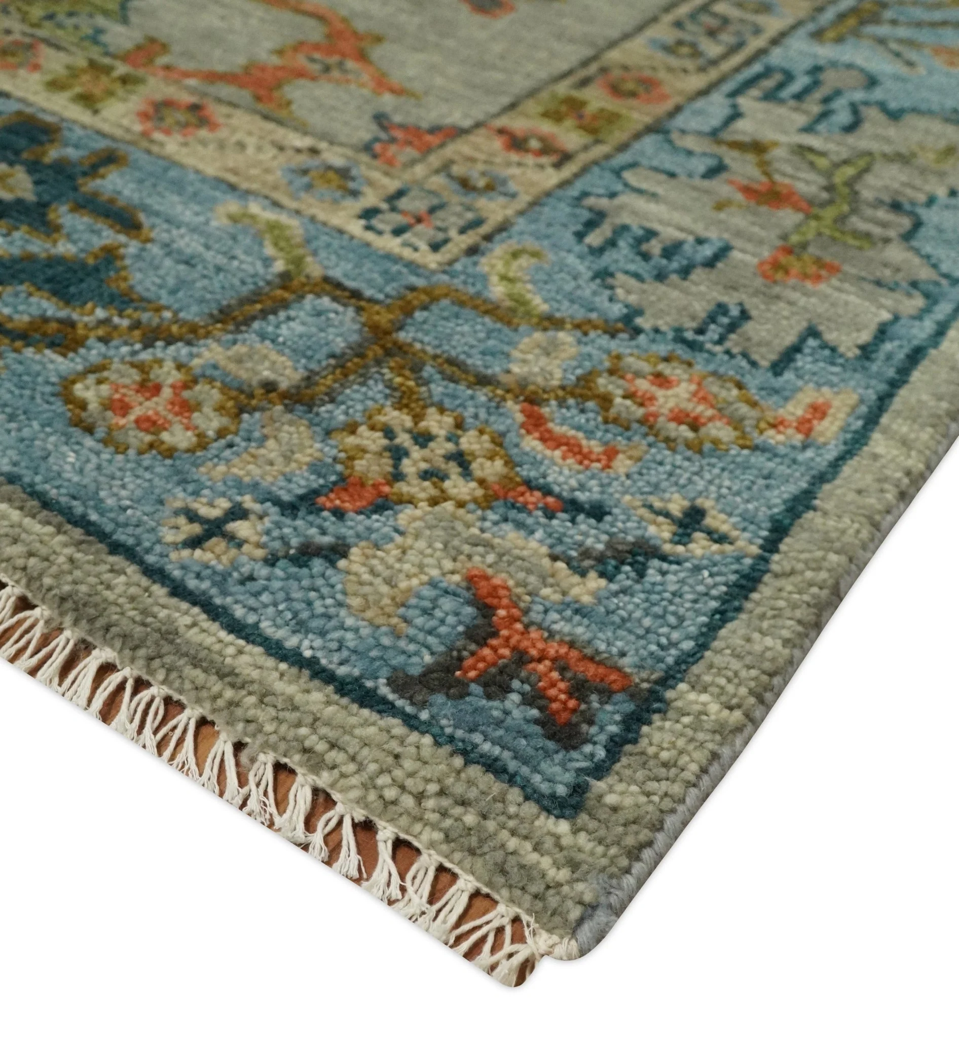 Vintage Style Vibrant Colorful Beige, Blue and Rust Hand Knotted Traditional Oushak Multi Size wool Area Rug - Image 5
