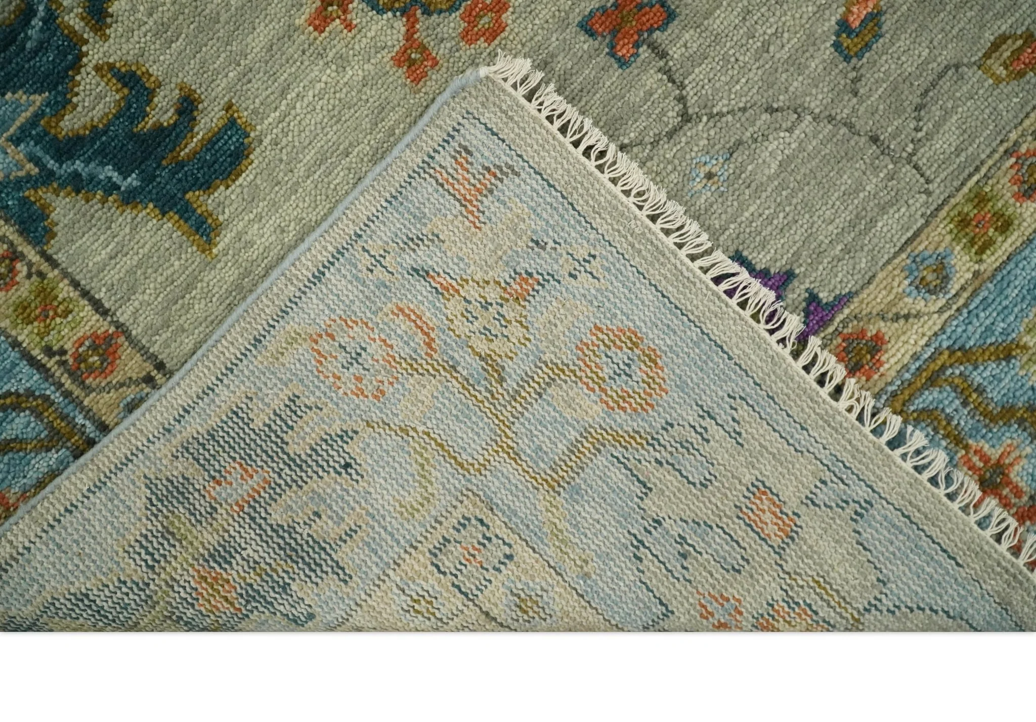 Vintage Style Vibrant Colorful Beige, Blue and Rust Hand Knotted Traditional Oushak Multi Size wool Area Rug - Image 9