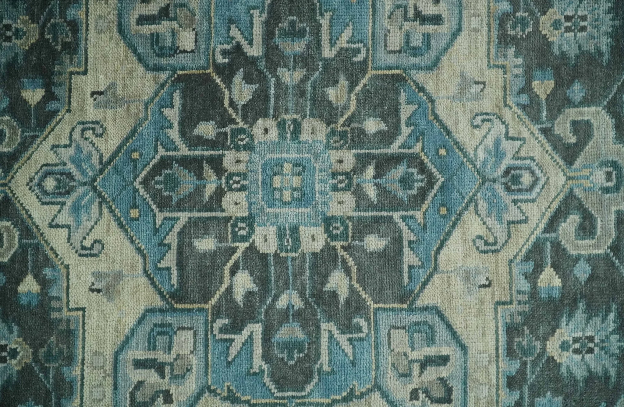 Antique look Hand Knotted Charcoal, Camel and Blue Traditional Heriz Serapi Multi size Wool Area Rug - Image 10