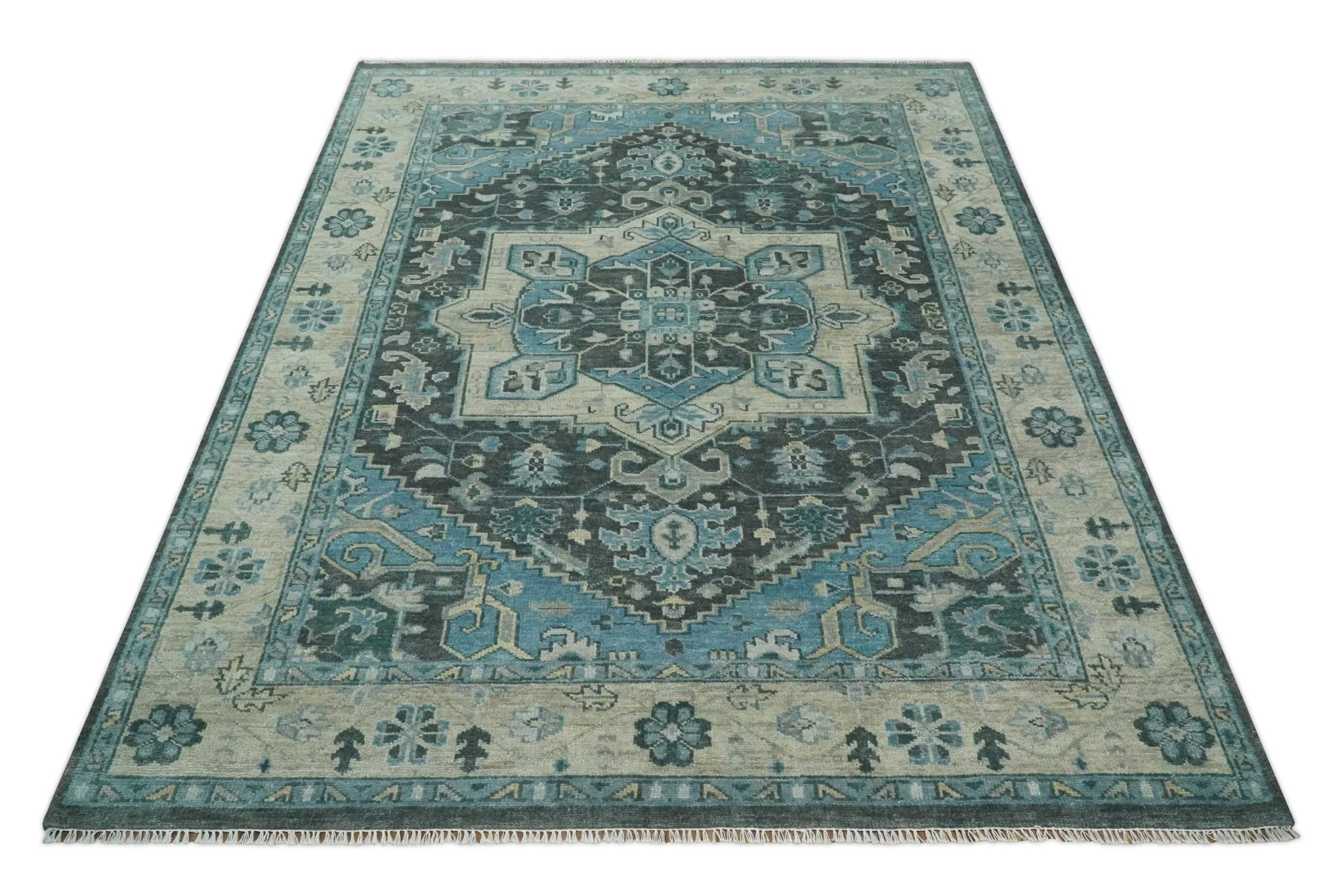 Antique look Hand Knotted Charcoal, Camel and Blue Traditional Heriz Serapi Multi size Wool Area Rug - Image 11
