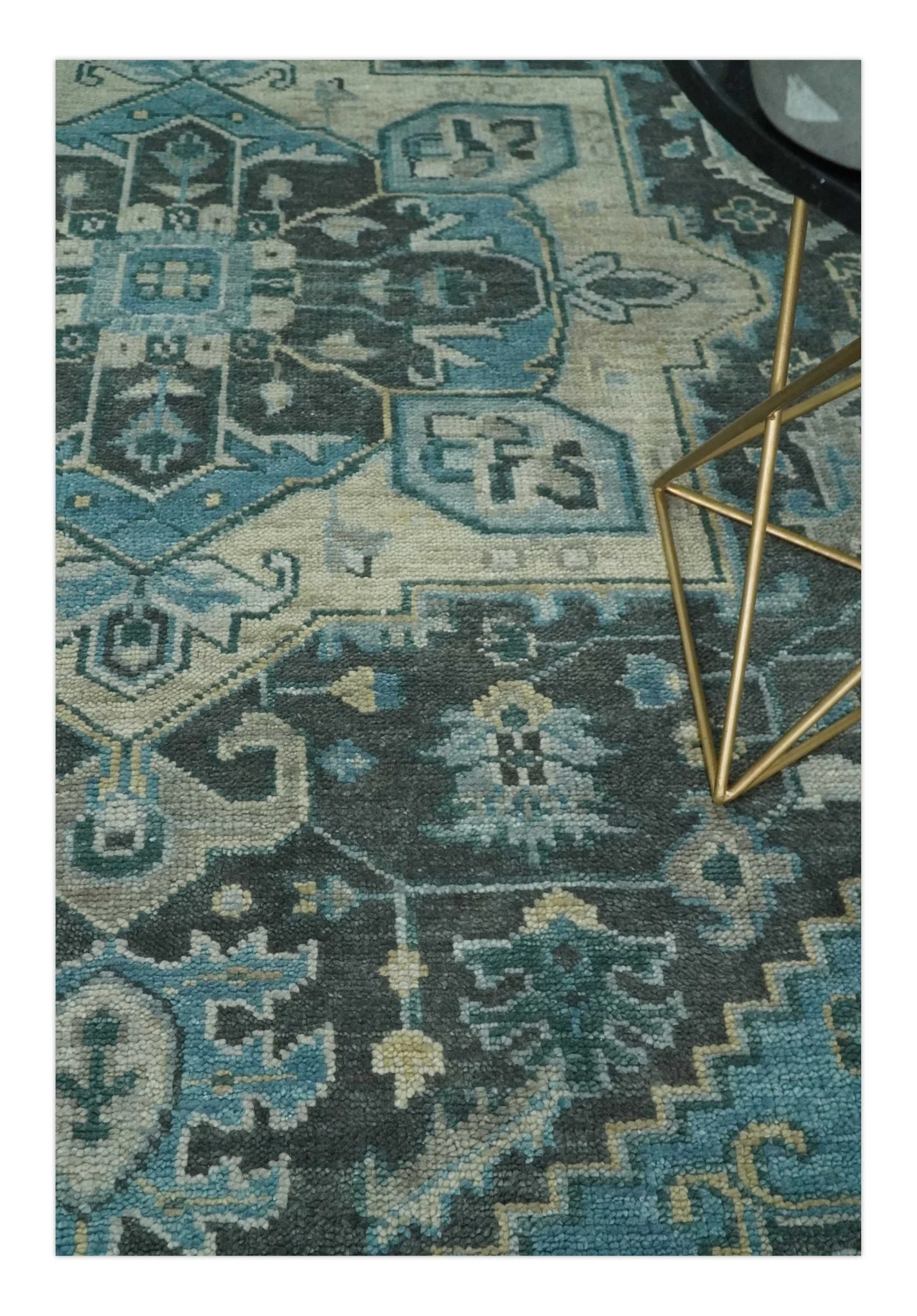 Antique look Hand Knotted Charcoal, Camel and Blue Traditional Heriz Serapi Multi size Wool Area Rug - Image 2
