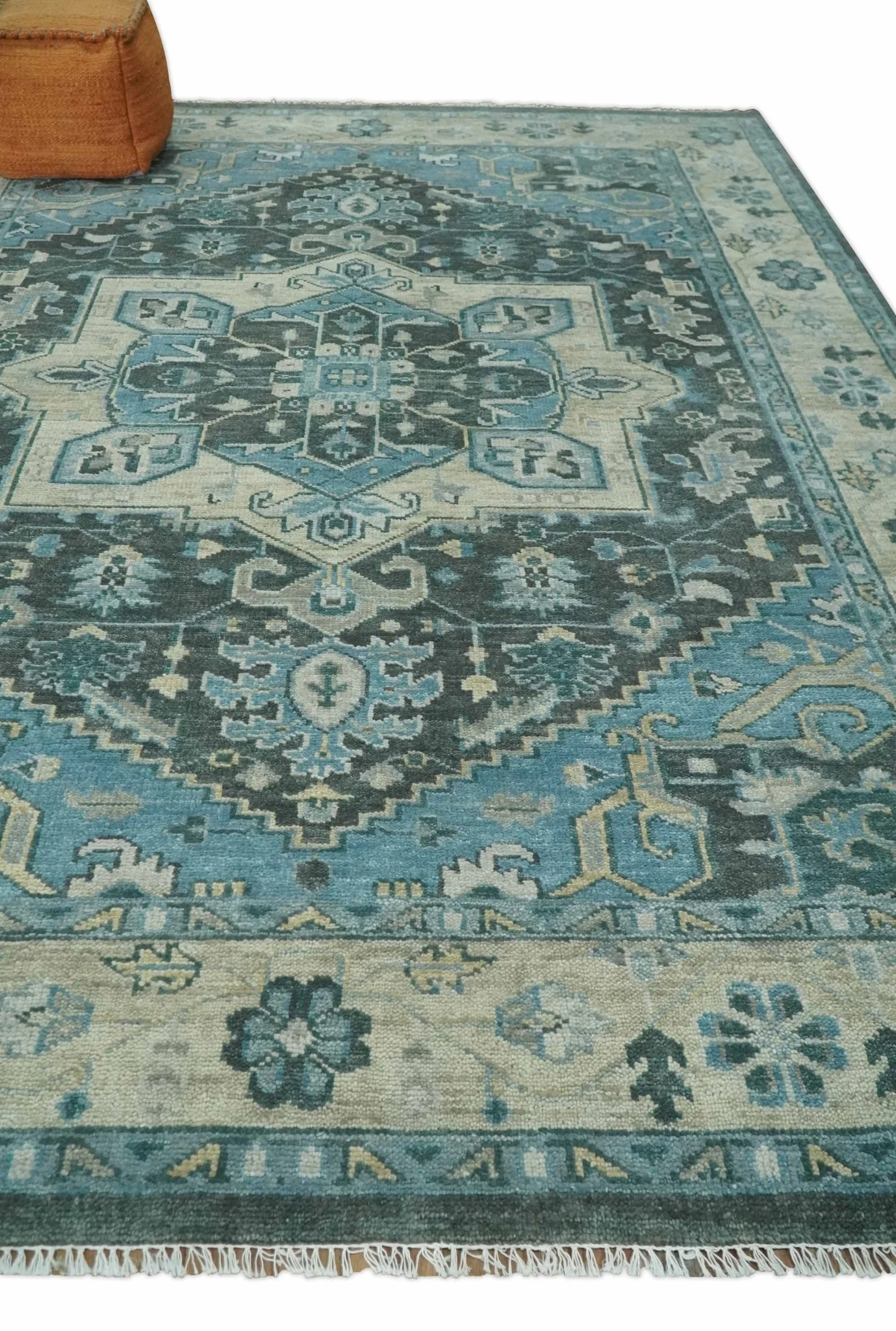 Antique look Hand Knotted Charcoal, Camel and Blue Traditional Heriz Serapi Multi size Wool Area Rug - Image 3