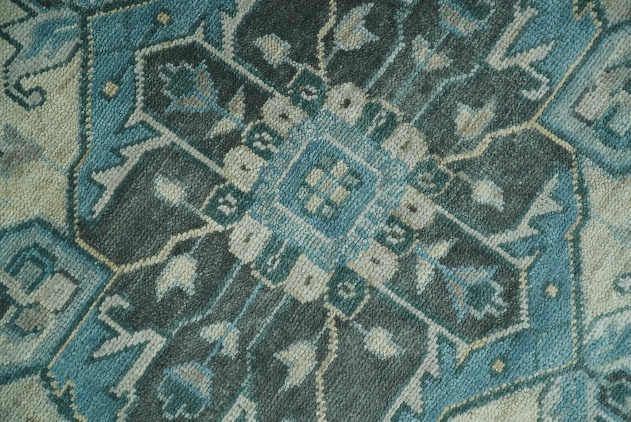 Antique look Hand Knotted Charcoal, Camel and Blue Traditional Heriz Serapi Multi size Wool Area Rug - Image 4
