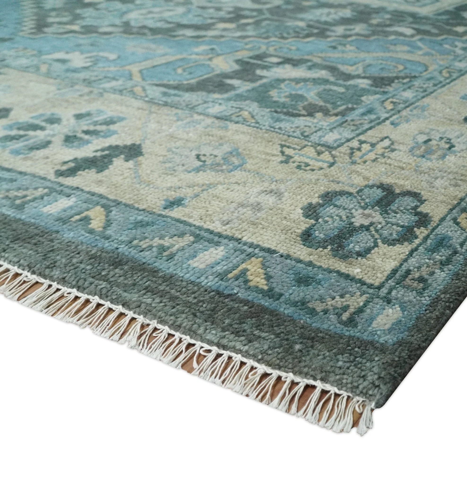 Antique look Hand Knotted Charcoal, Camel and Blue Traditional Heriz Serapi Multi size Wool Area Rug - Image 5