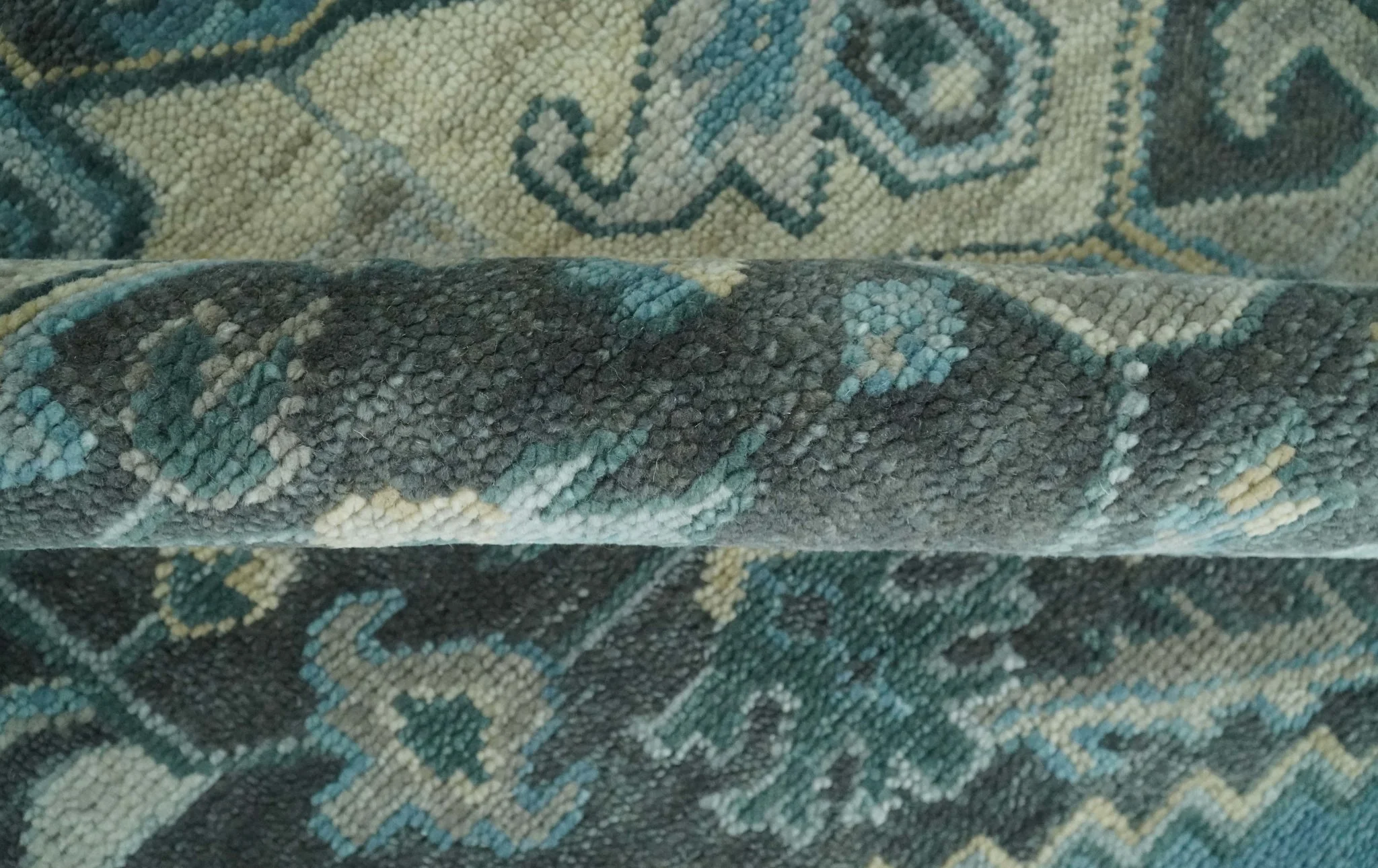 Antique look Hand Knotted Charcoal, Camel and Blue Traditional Heriz Serapi Multi size Wool Area Rug - Image 6
