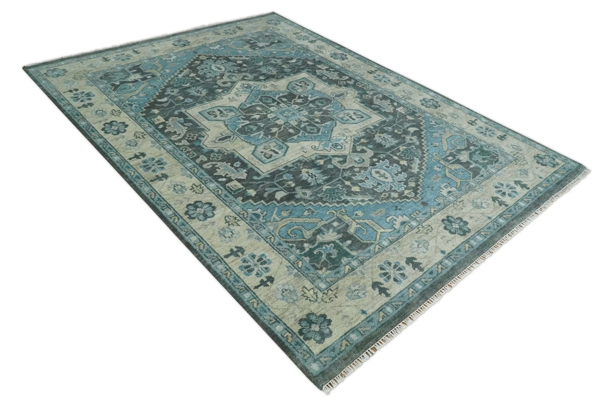 Antique look Hand Knotted Charcoal, Camel and Blue Traditional Heriz Serapi Multi size Wool Area Rug - Image 8