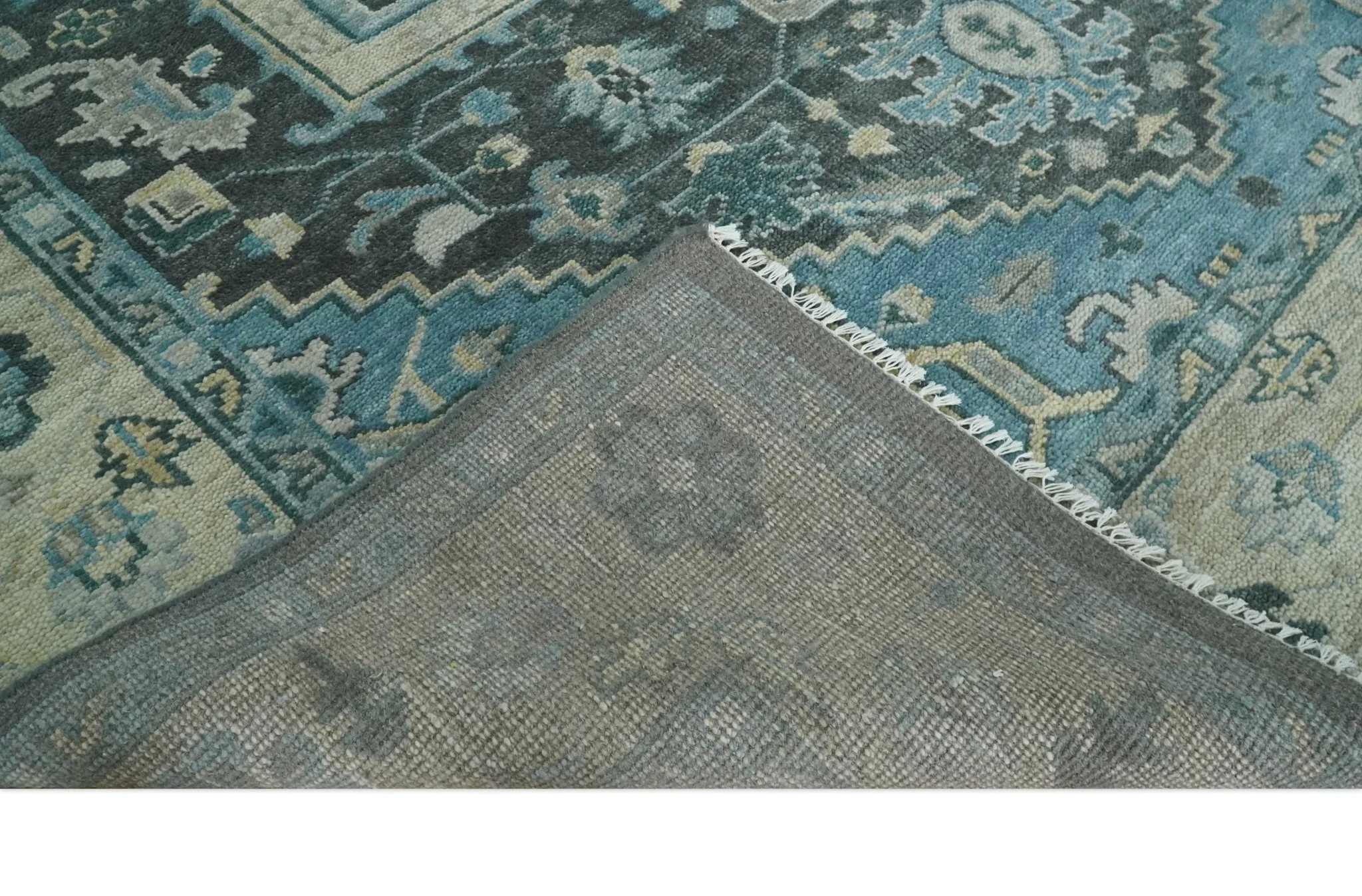 Antique look Hand Knotted Charcoal, Camel and Blue Traditional Heriz Serapi Multi size Wool Area Rug - Image 9