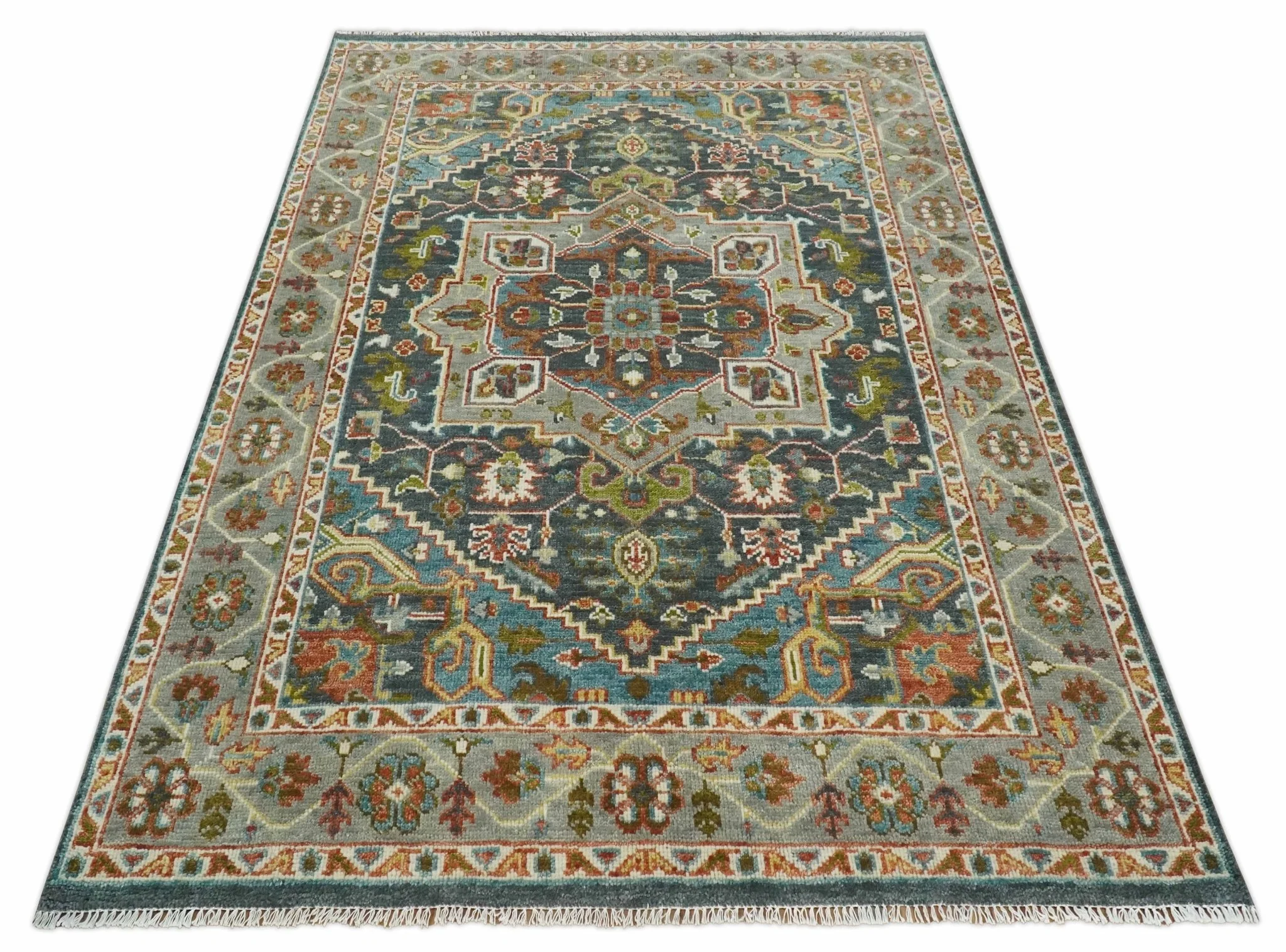 Hand Knotted Charcoal, Camel and Teal Traditional Heriz Serapi Multi size Wool Area Rug - Image 10