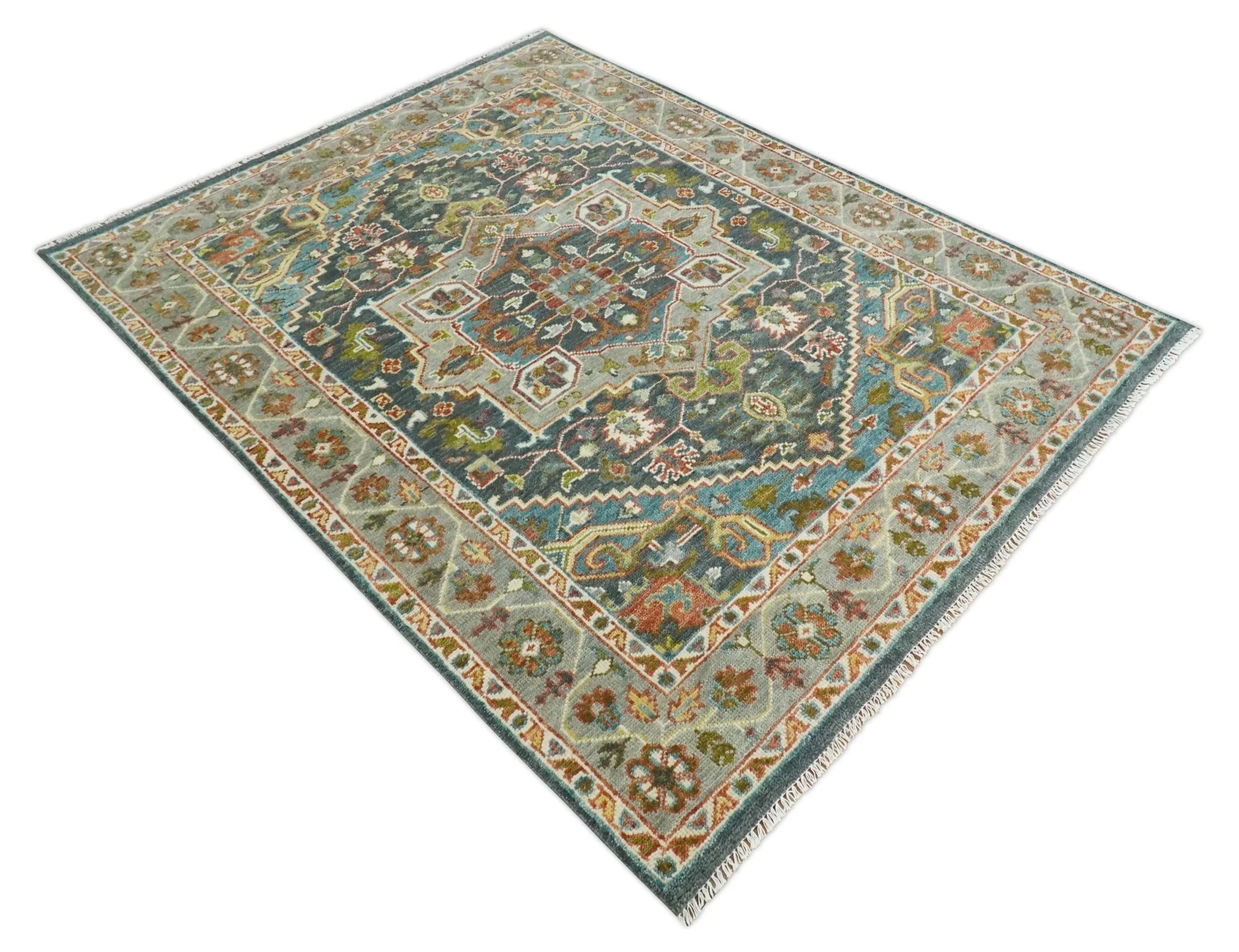 Hand Knotted Charcoal, Camel and Teal Traditional Heriz Serapi Multi size Wool Area Rug - Image 11