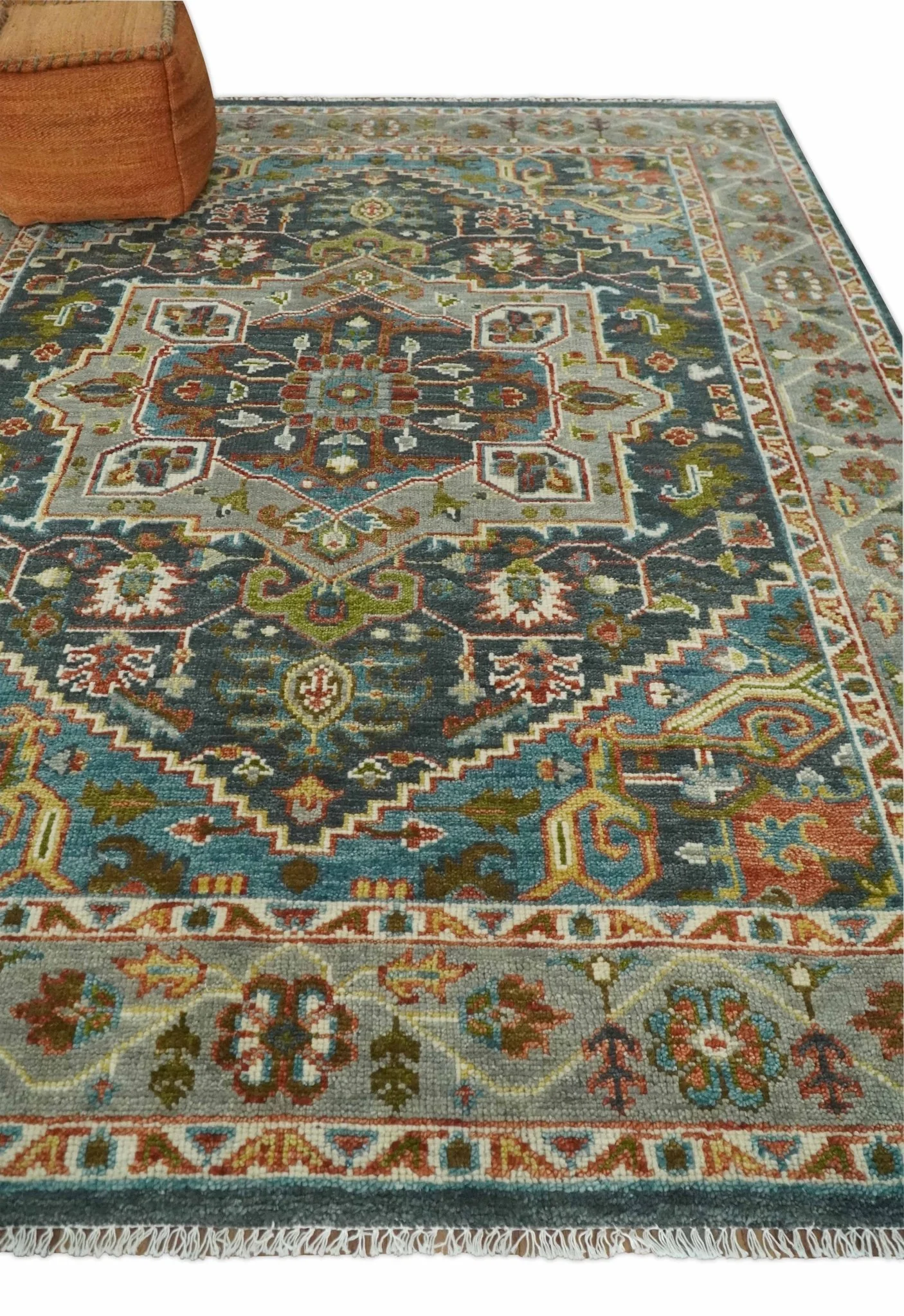 Hand Knotted Charcoal, Camel and Teal Traditional Heriz Serapi Multi size Wool Area Rug - Image 3