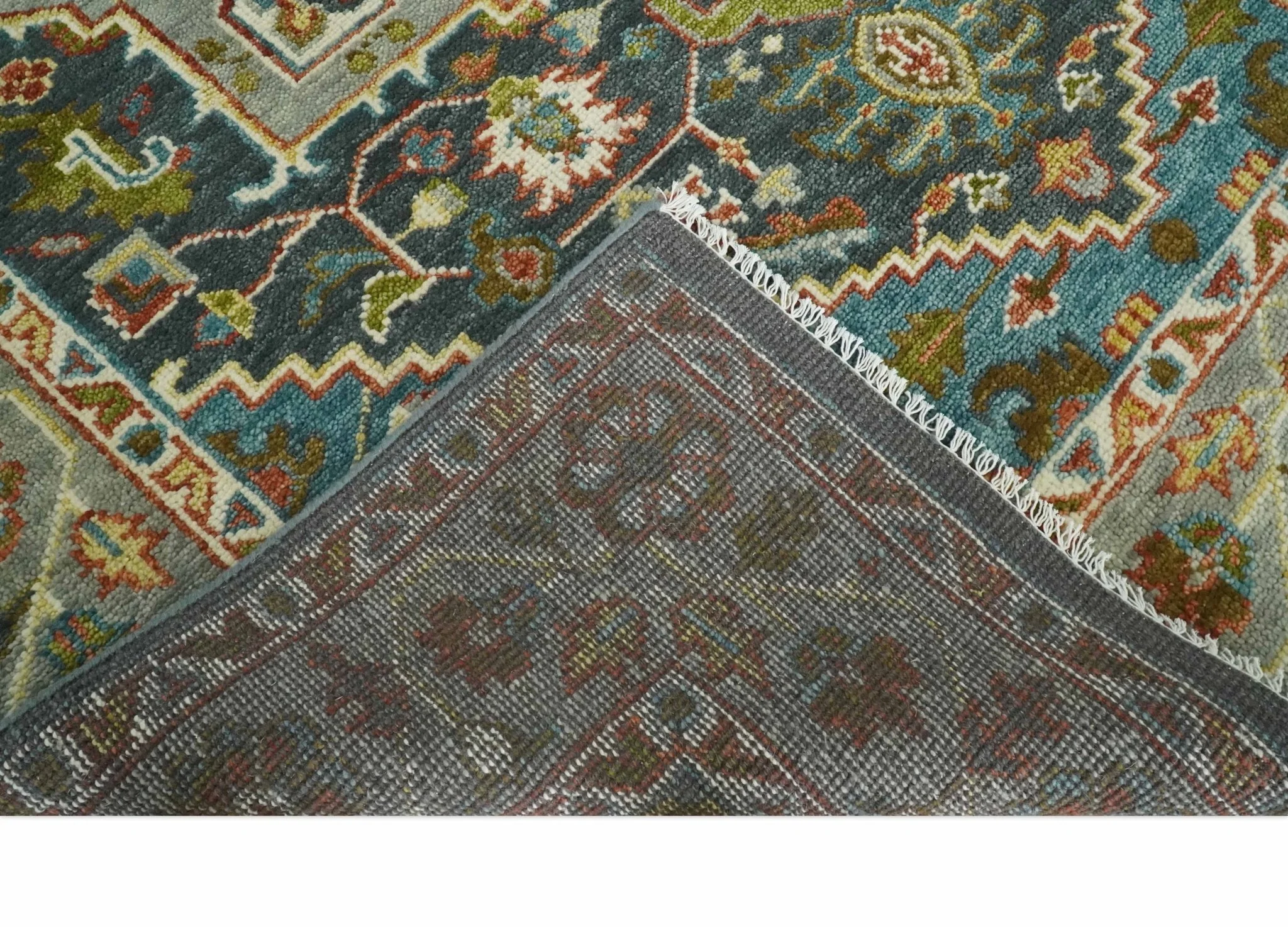 Hand Knotted Charcoal, Camel and Teal Traditional Heriz Serapi Multi size Wool Area Rug - Image 7