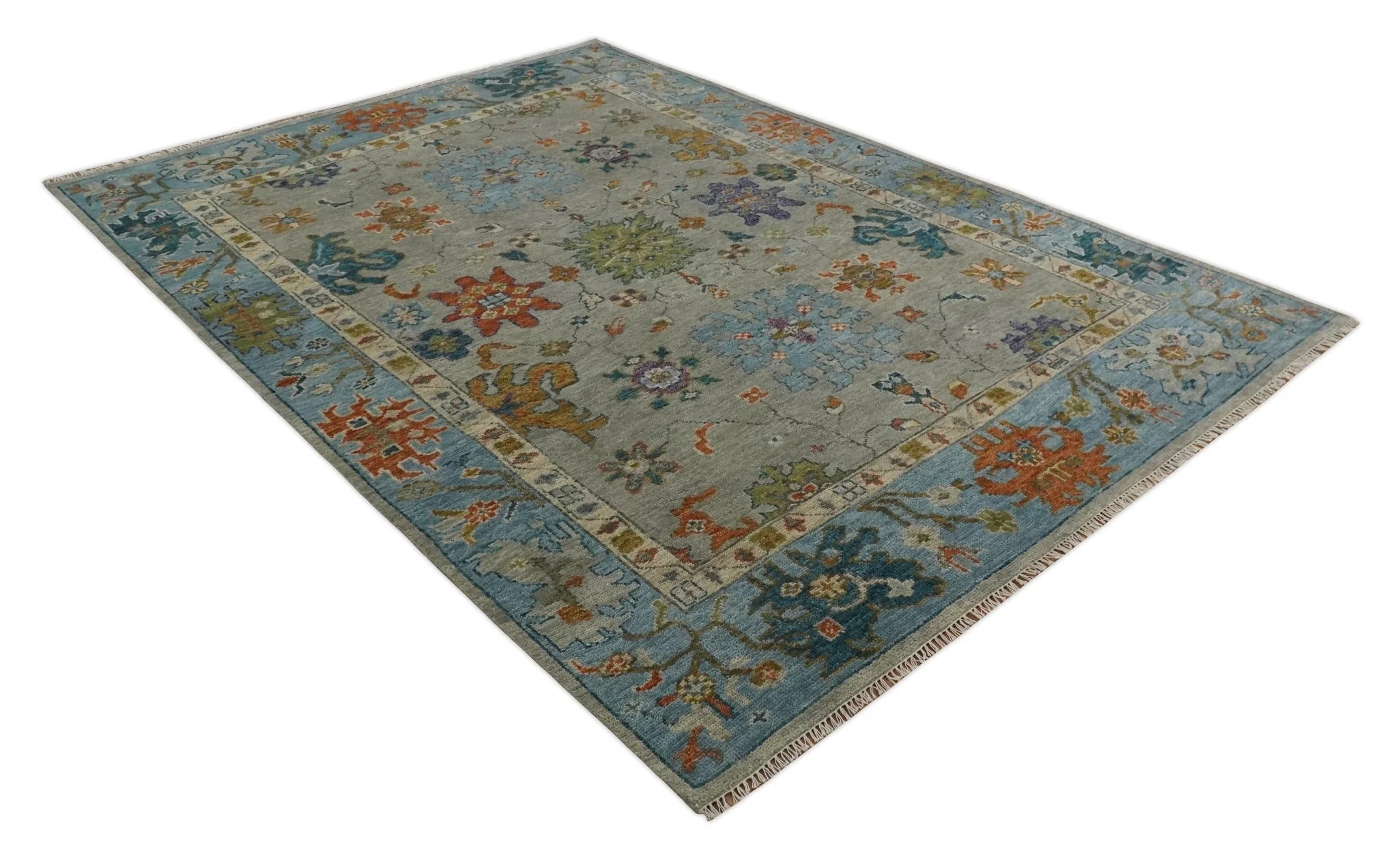 Antique Hand Knotted Gray, Beige and Blue Traditional Oushak Vintage Style Multi Size Wool area Rug - Image 10