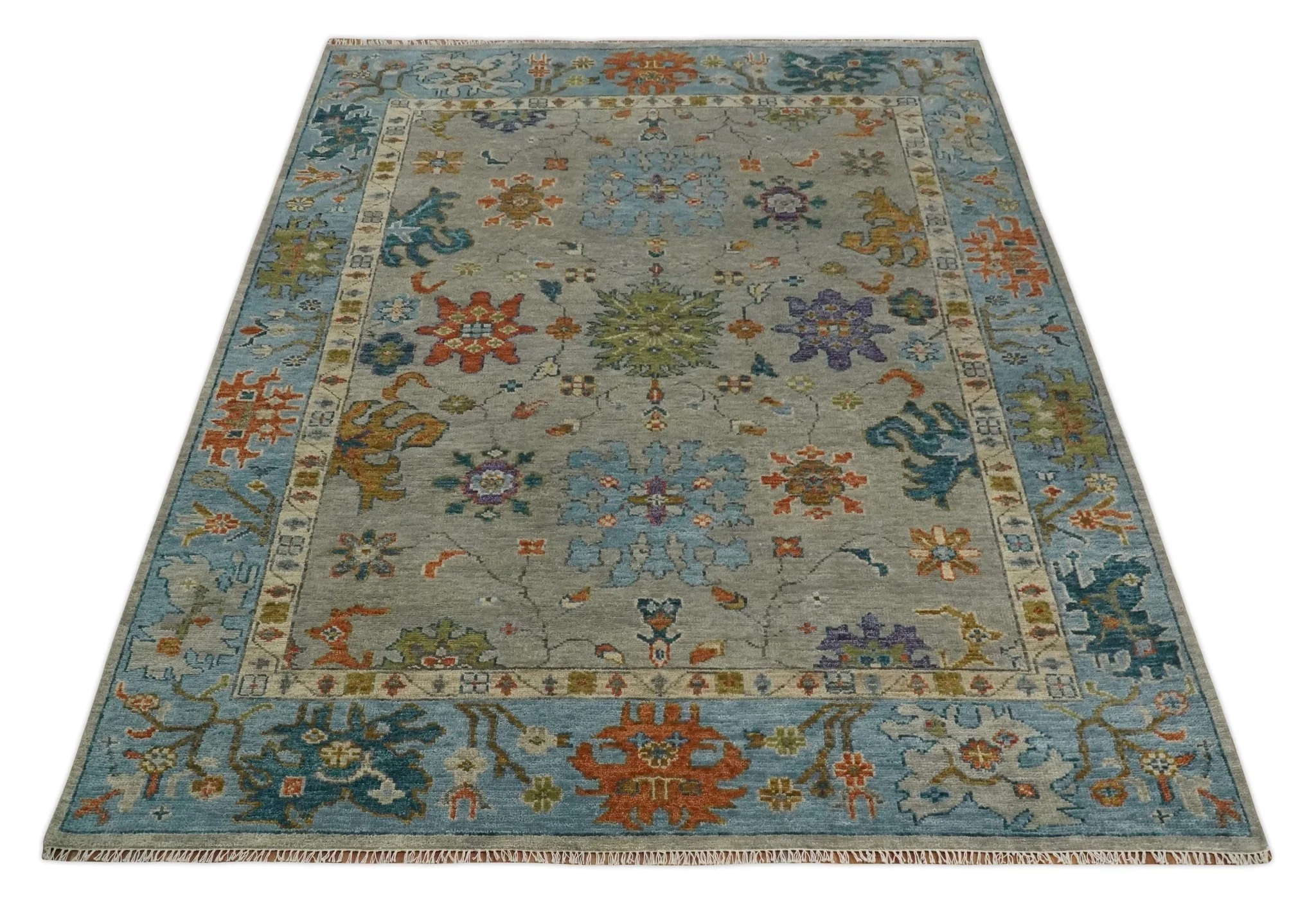 Antique Hand Knotted Gray, Beige and Blue Traditional Oushak Vintage Style Multi Size Wool area Rug - Image 11
