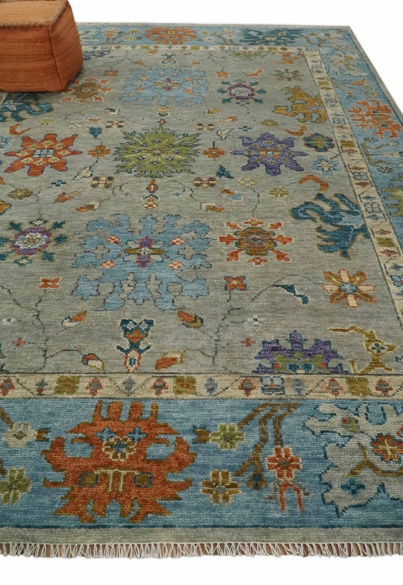 Antique Hand Knotted Gray, Beige and Blue Traditional Oushak Vintage Style Multi Size Wool area Rug - Image 4