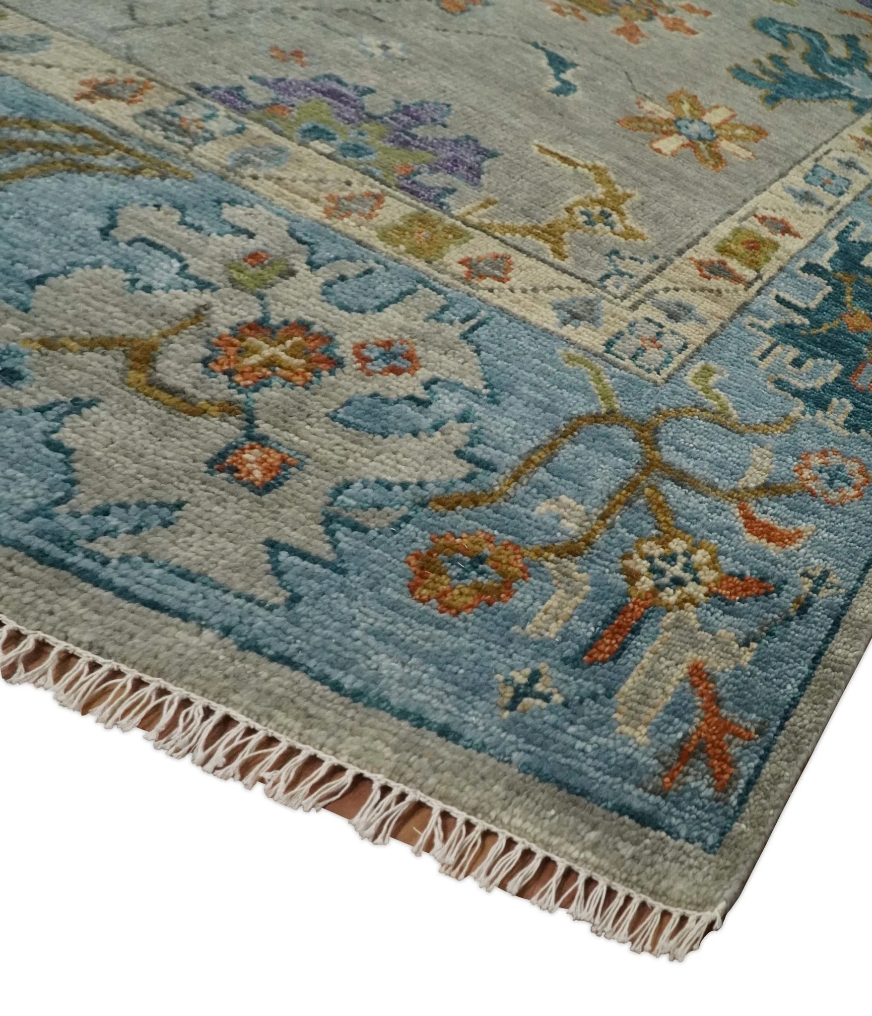Antique Hand Knotted Gray, Beige and Blue Traditional Oushak Vintage Style Multi Size Wool area Rug - Image 6