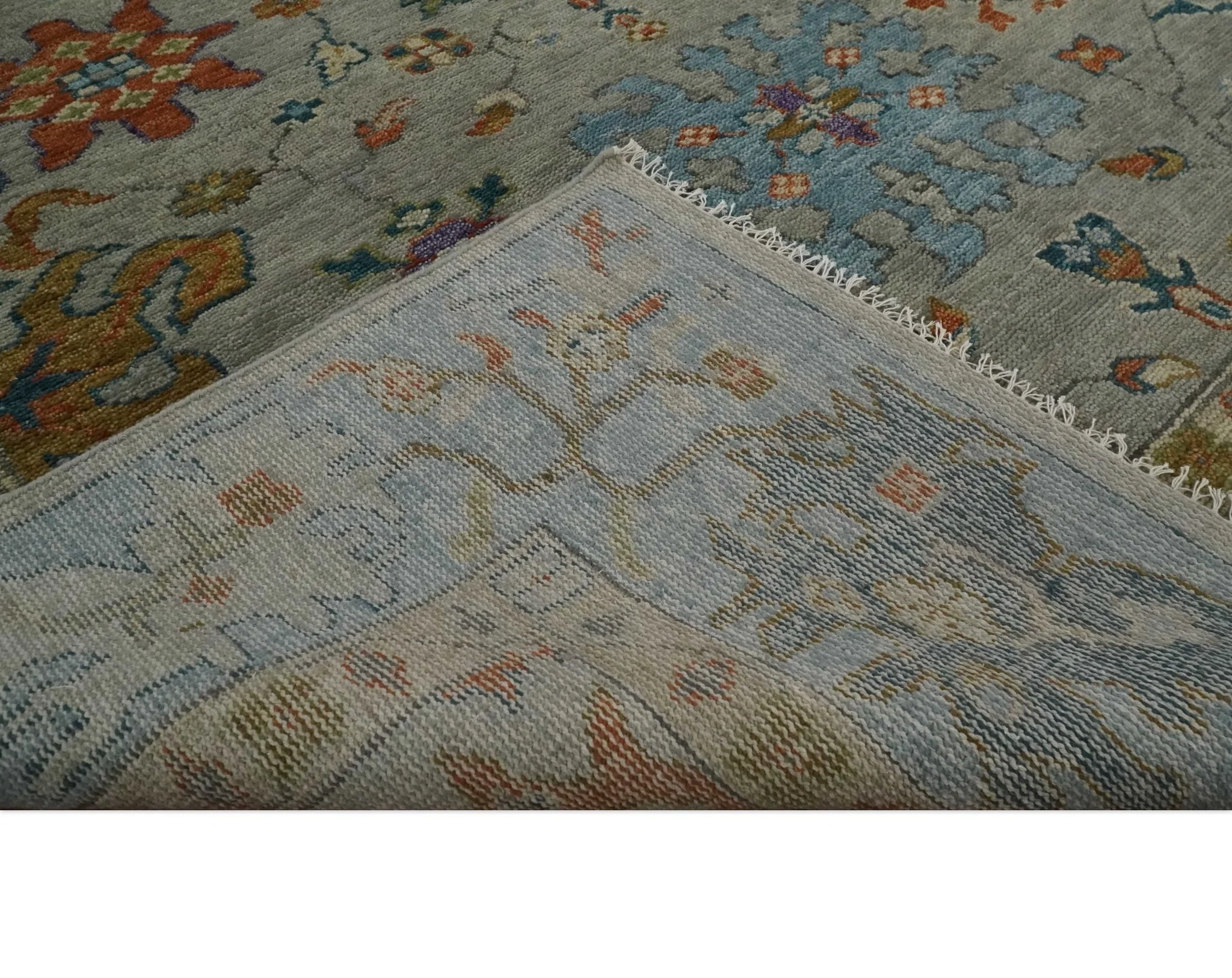 Antique Hand Knotted Gray, Beige and Blue Traditional Oushak Vintage Style Multi Size Wool area Rug - Image 7