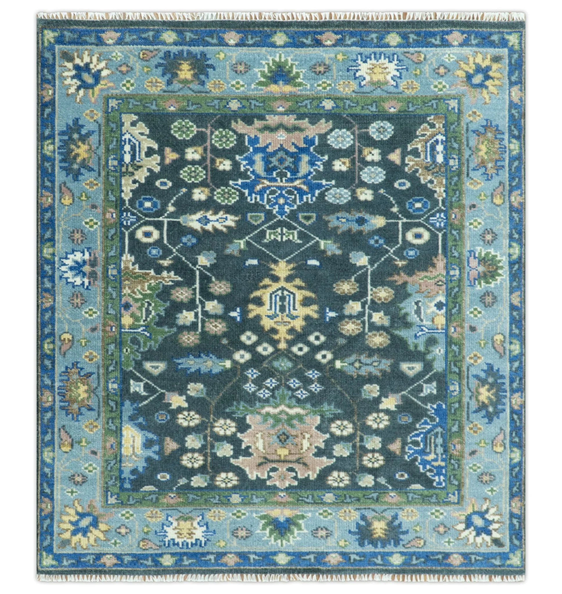 Antique Design Hand Knotted Green Moss and Blue Turkish Oushak Custom Made Wool Area Rug - Image 12