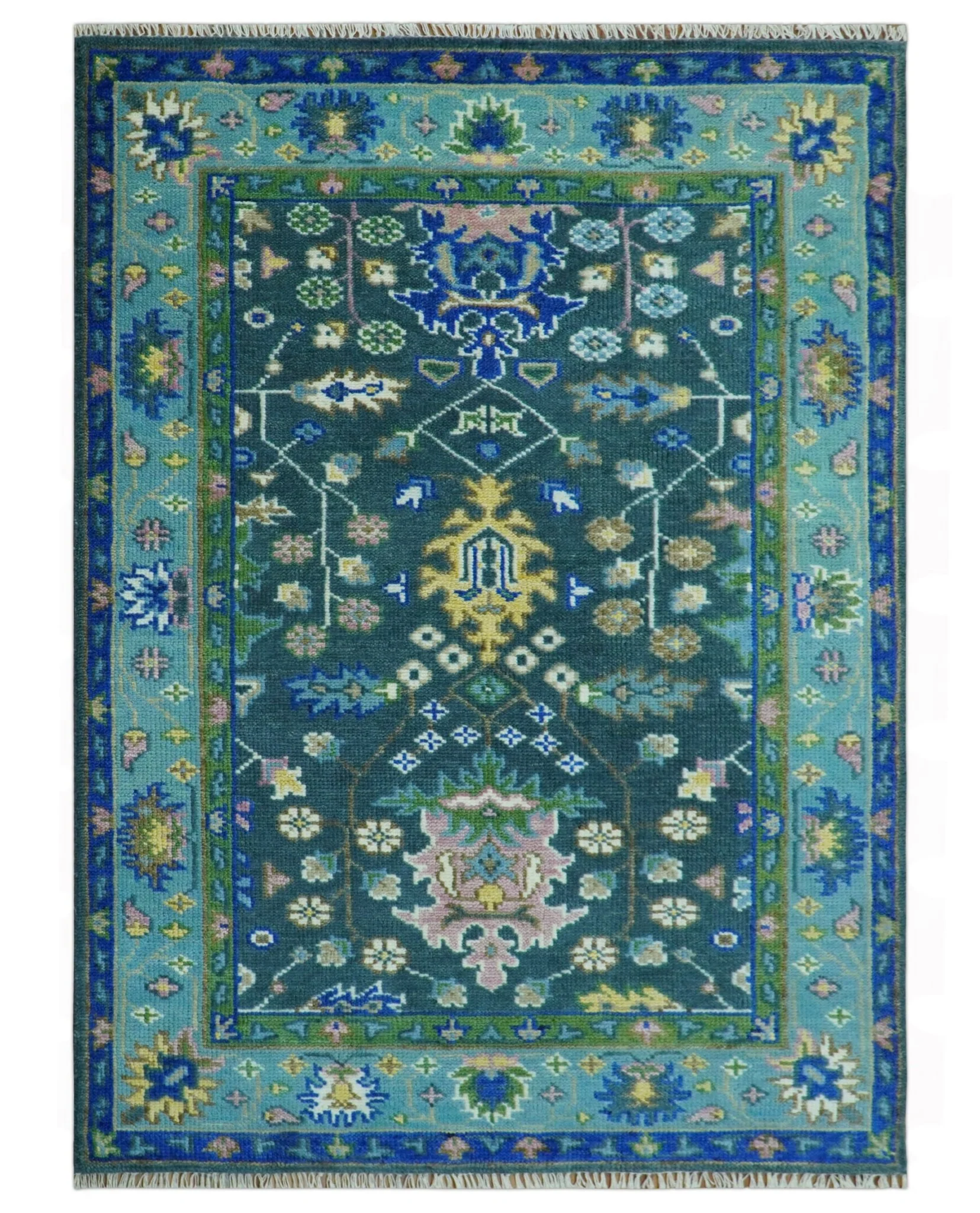 Antique Design Hand Knotted Green Moss and Blue Turkish Oushak Custom Made Wool Area Rug - Image 13