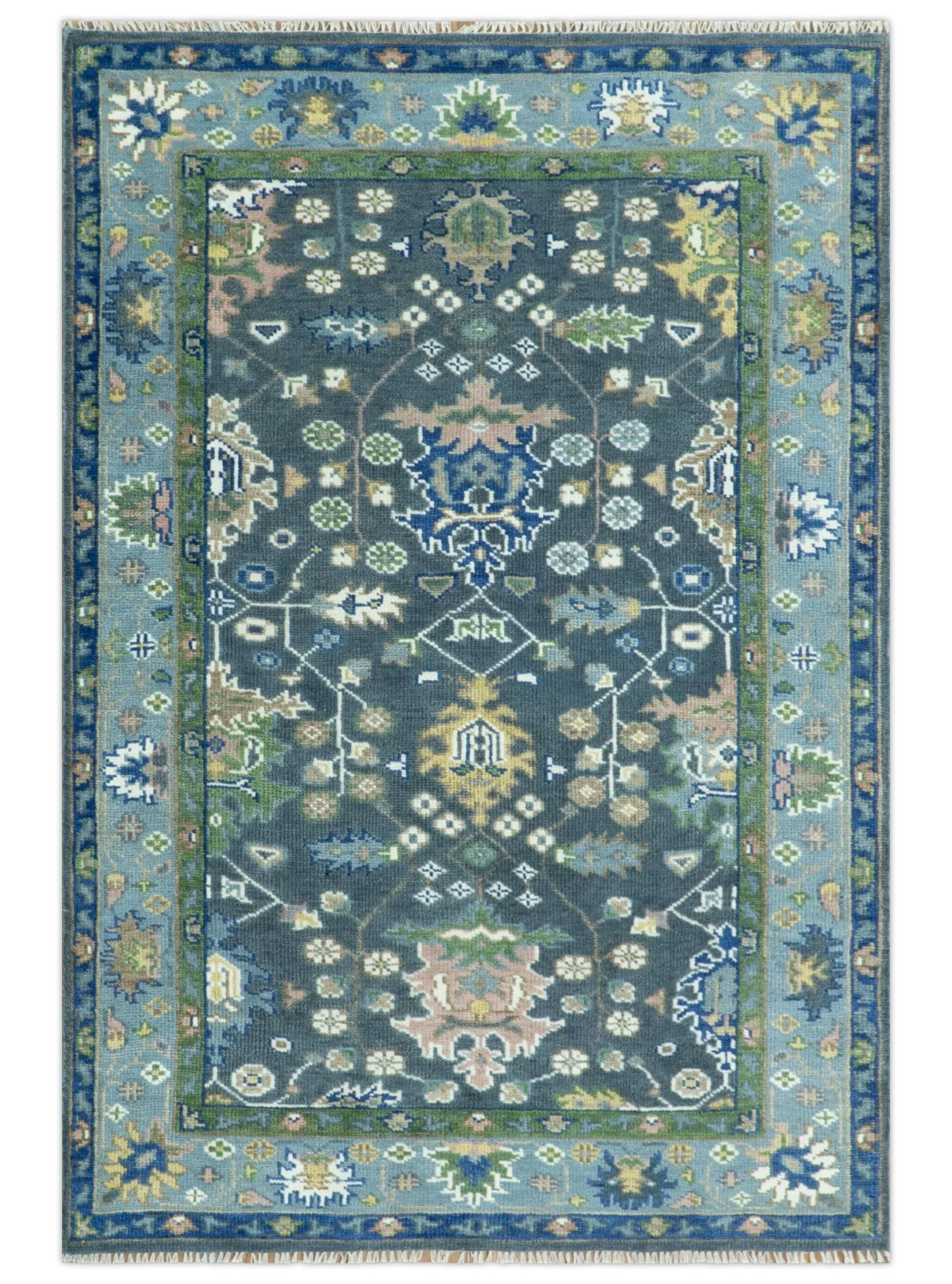Antique Design Hand Knotted Green Moss and Blue Turkish Oushak Custom Made Wool Area Rug - Image 14