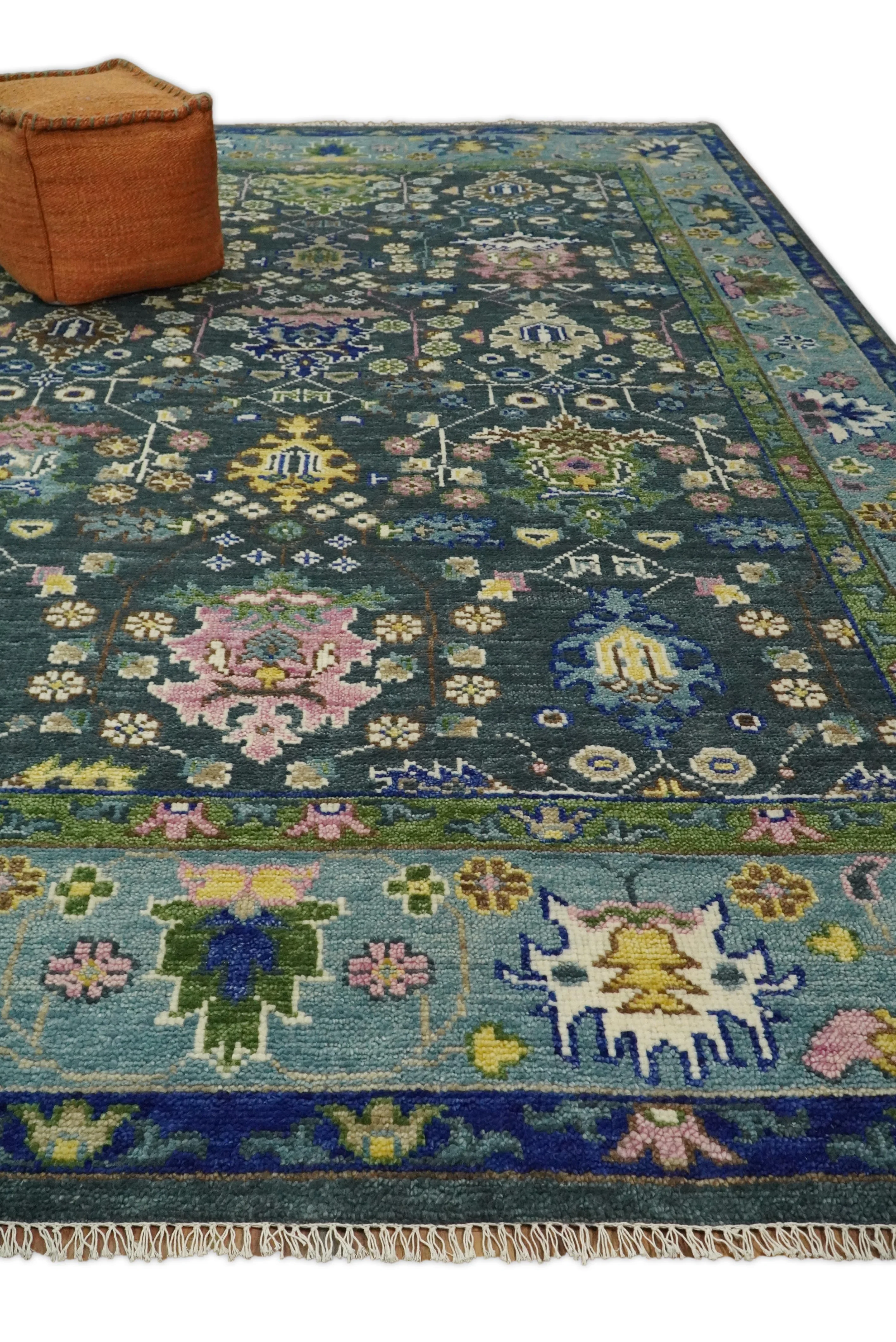 Antique Design Hand Knotted Green Moss and Blue Turkish Oushak Custom Made Wool Area Rug - Image 4
