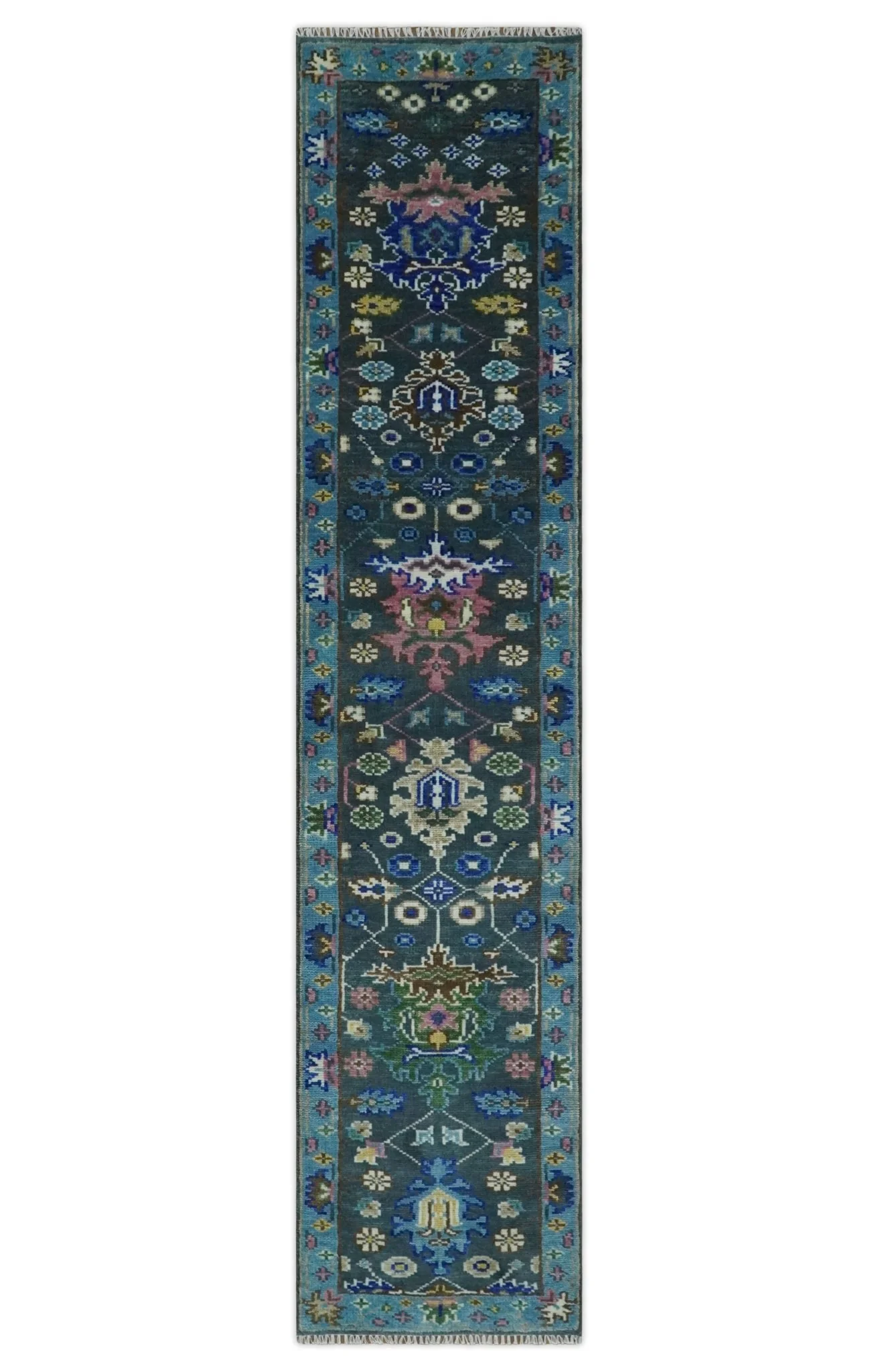 Antique Design Hand Knotted Green Moss and Blue Turkish Oushak Custom Made Wool Area Rug - Image 9