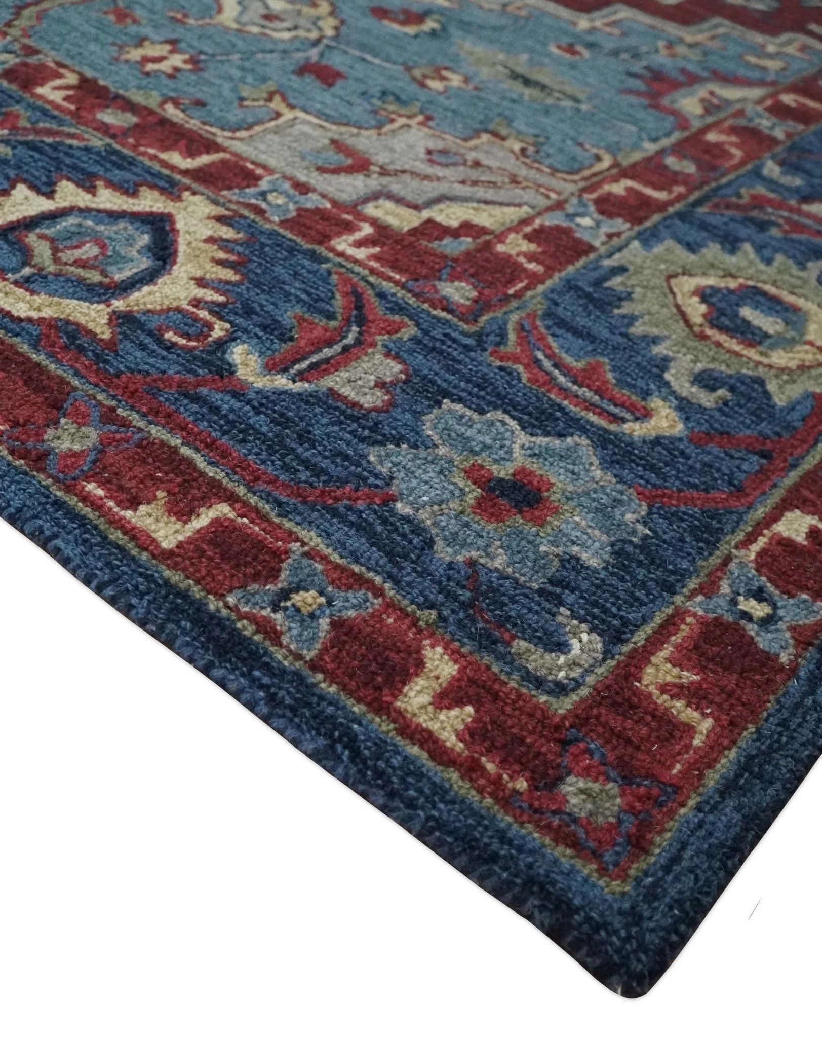 Antique look Maroon and Blue Hand Tufted Traditional Heriz Medallion Multi Size wool Area Rug - Image 10