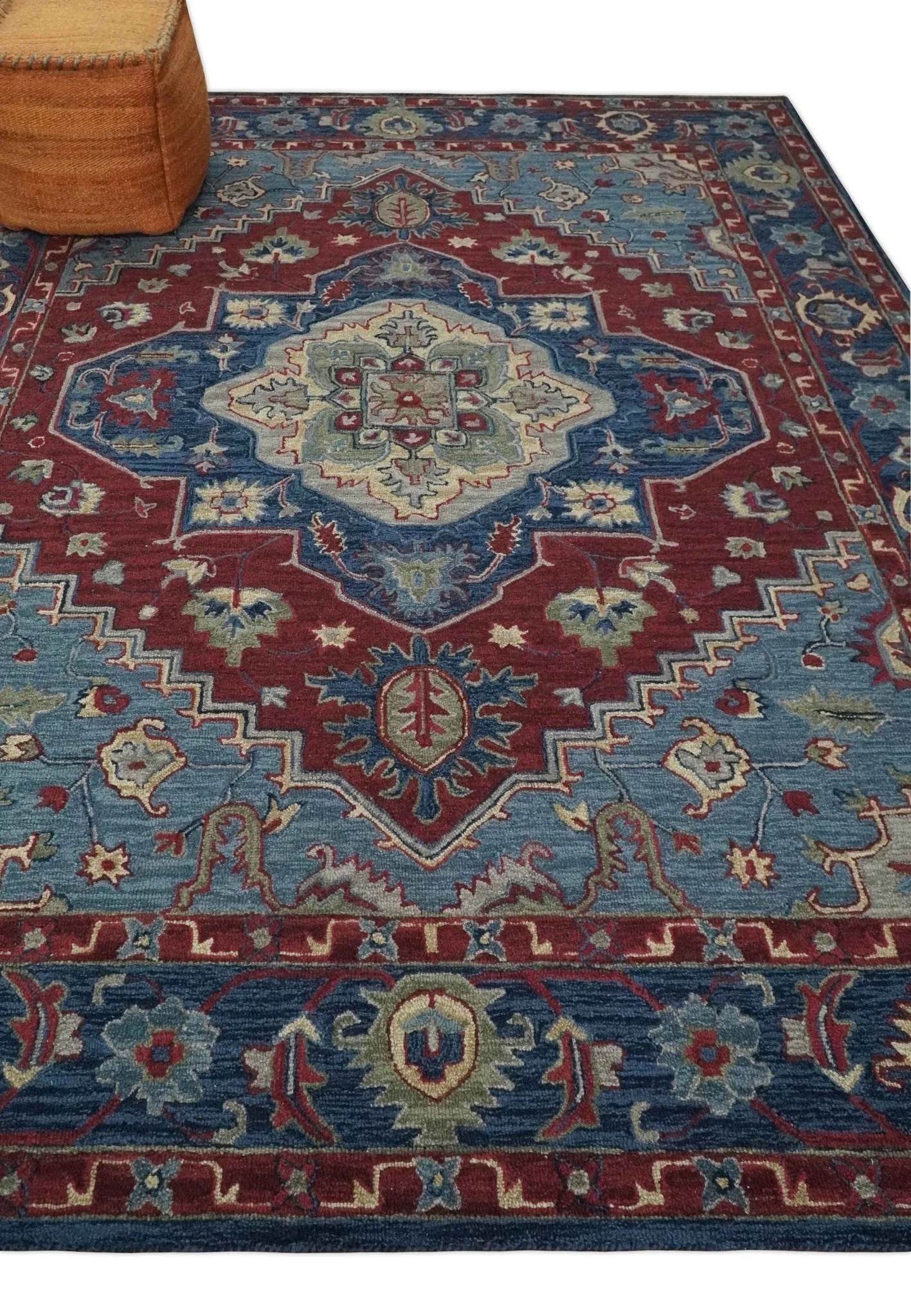 Antique look Maroon and Blue Hand Tufted Traditional Heriz Medallion Multi Size wool Area Rug - Image 2