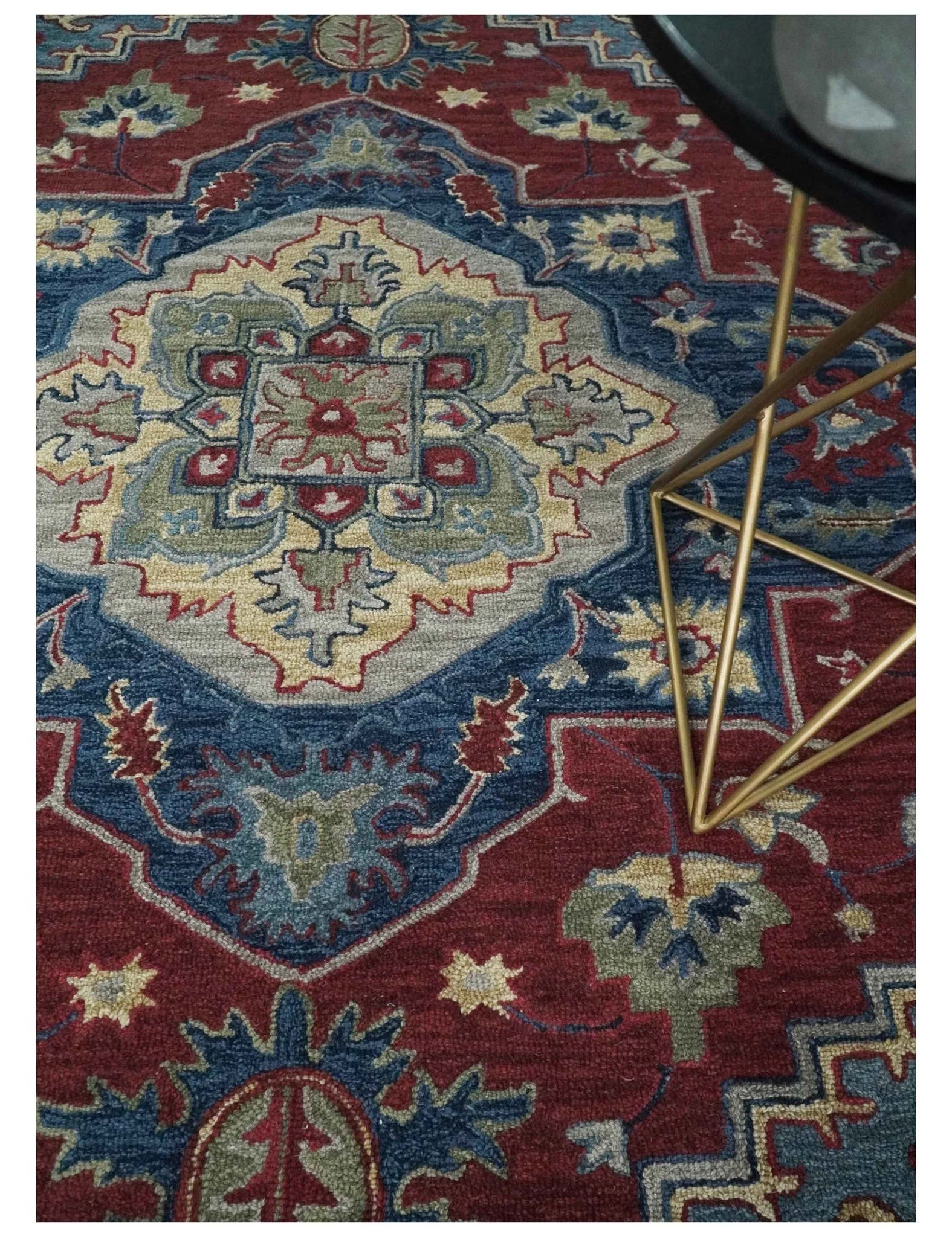 Antique look Maroon and Blue Hand Tufted Traditional Heriz Medallion Multi Size wool Area Rug - Image 3