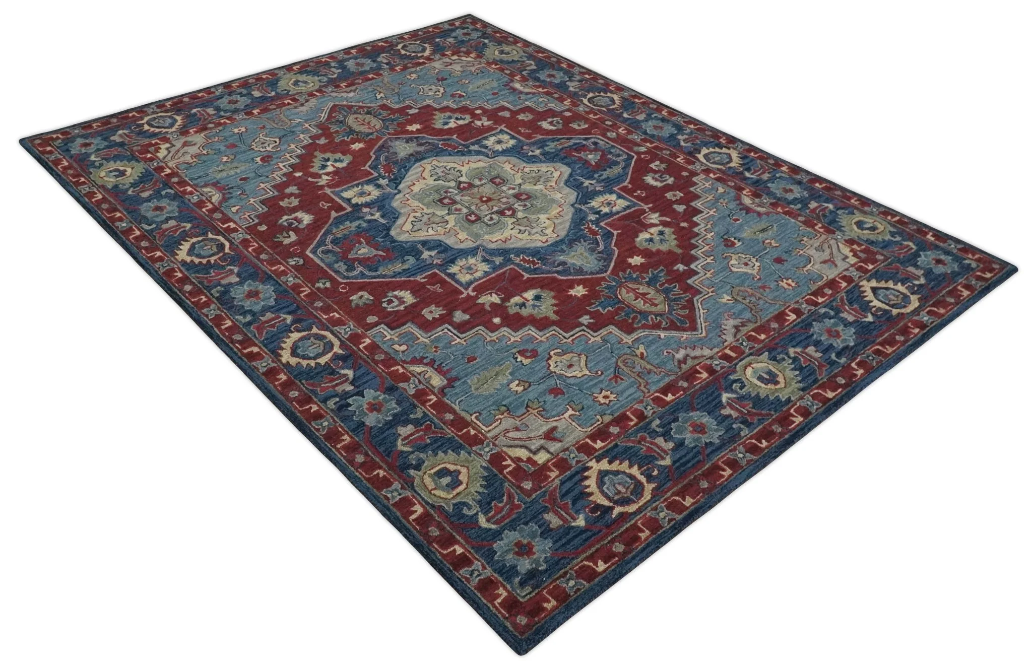 Antique look Maroon and Blue Hand Tufted Traditional Heriz Medallion Multi Size wool Area Rug - Image 4