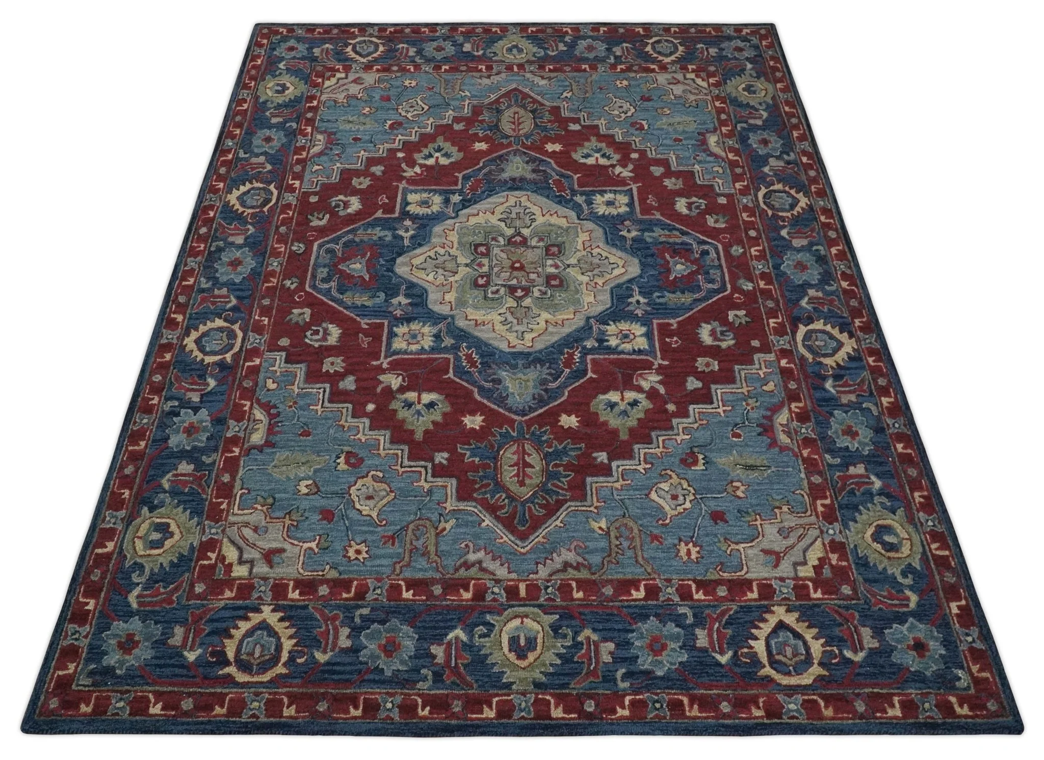 Antique look Maroon and Blue Hand Tufted Traditional Heriz Medallion Multi Size wool Area Rug - Image 5