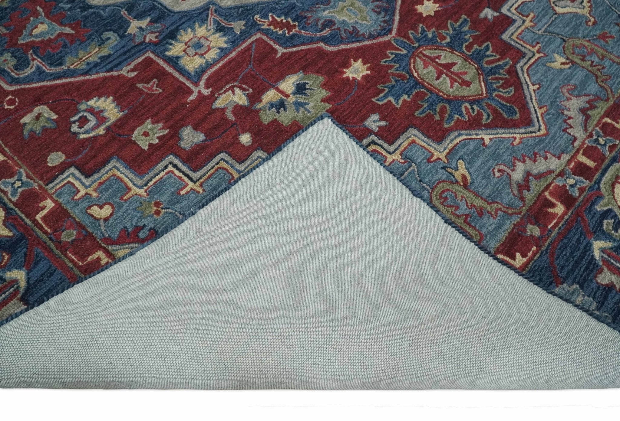 Antique look Maroon and Blue Hand Tufted Traditional Heriz Medallion Multi Size wool Area Rug - Image 7