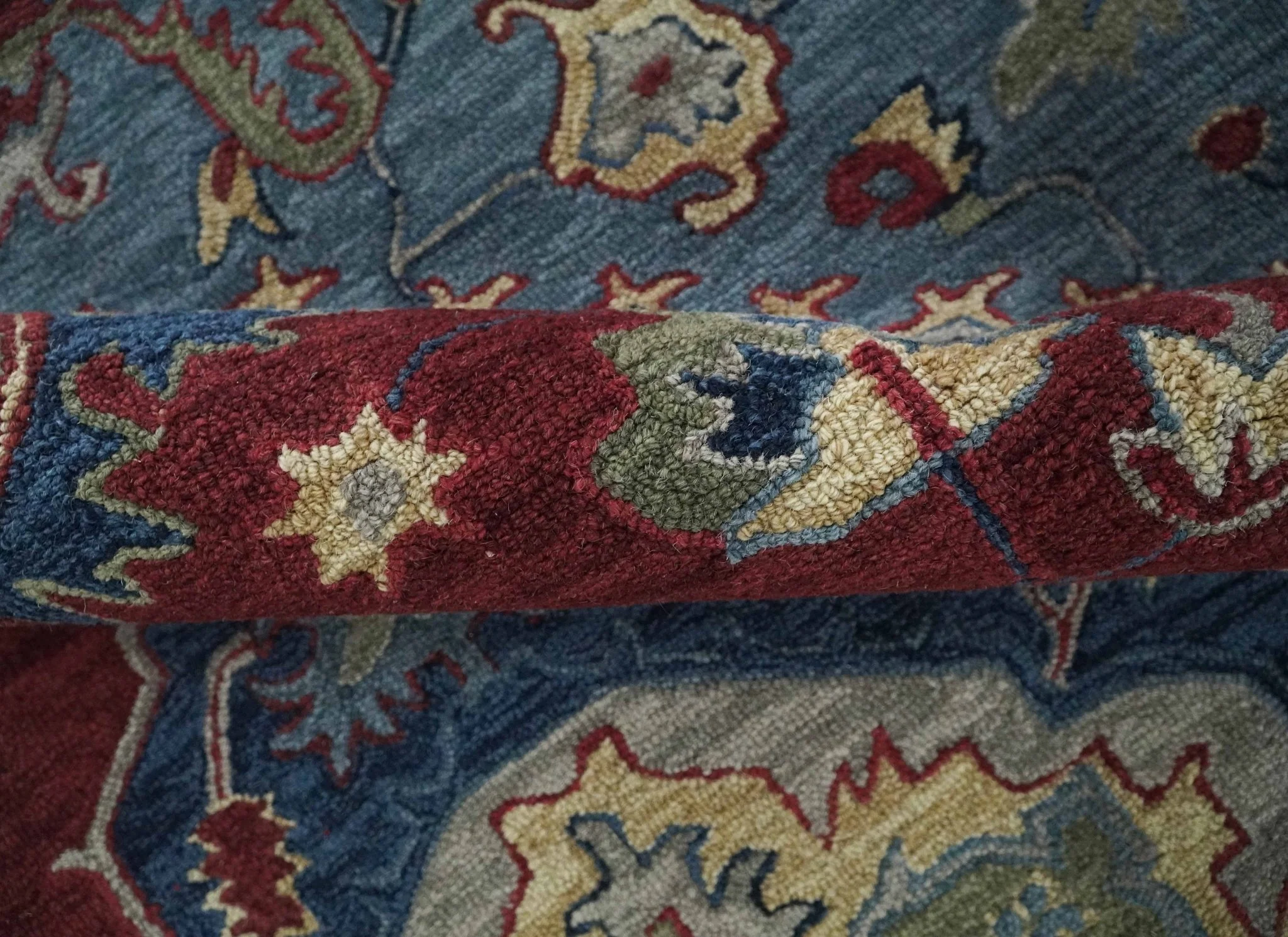 Antique look Maroon and Blue Hand Tufted Traditional Heriz Medallion Multi Size wool Area Rug - Image 8