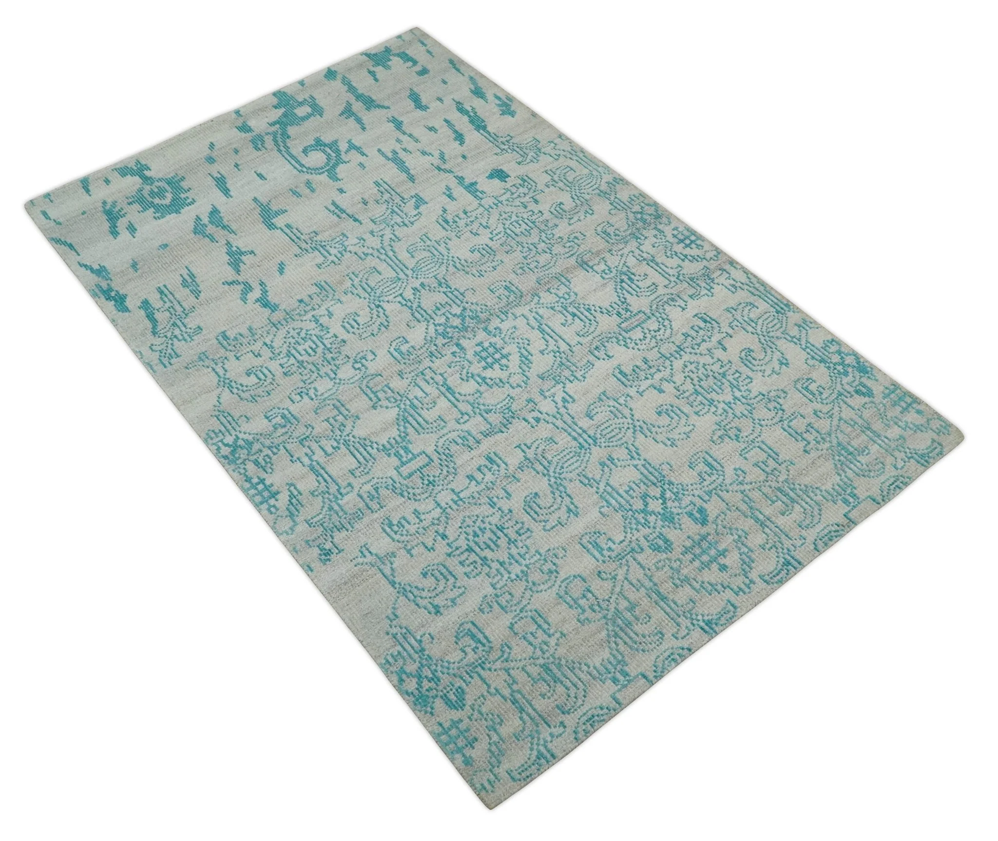 Antique 5x8 Hand Knotted Silver and Blue Persian made of Recycled Silk Area Rug | OP77 - Image 10
