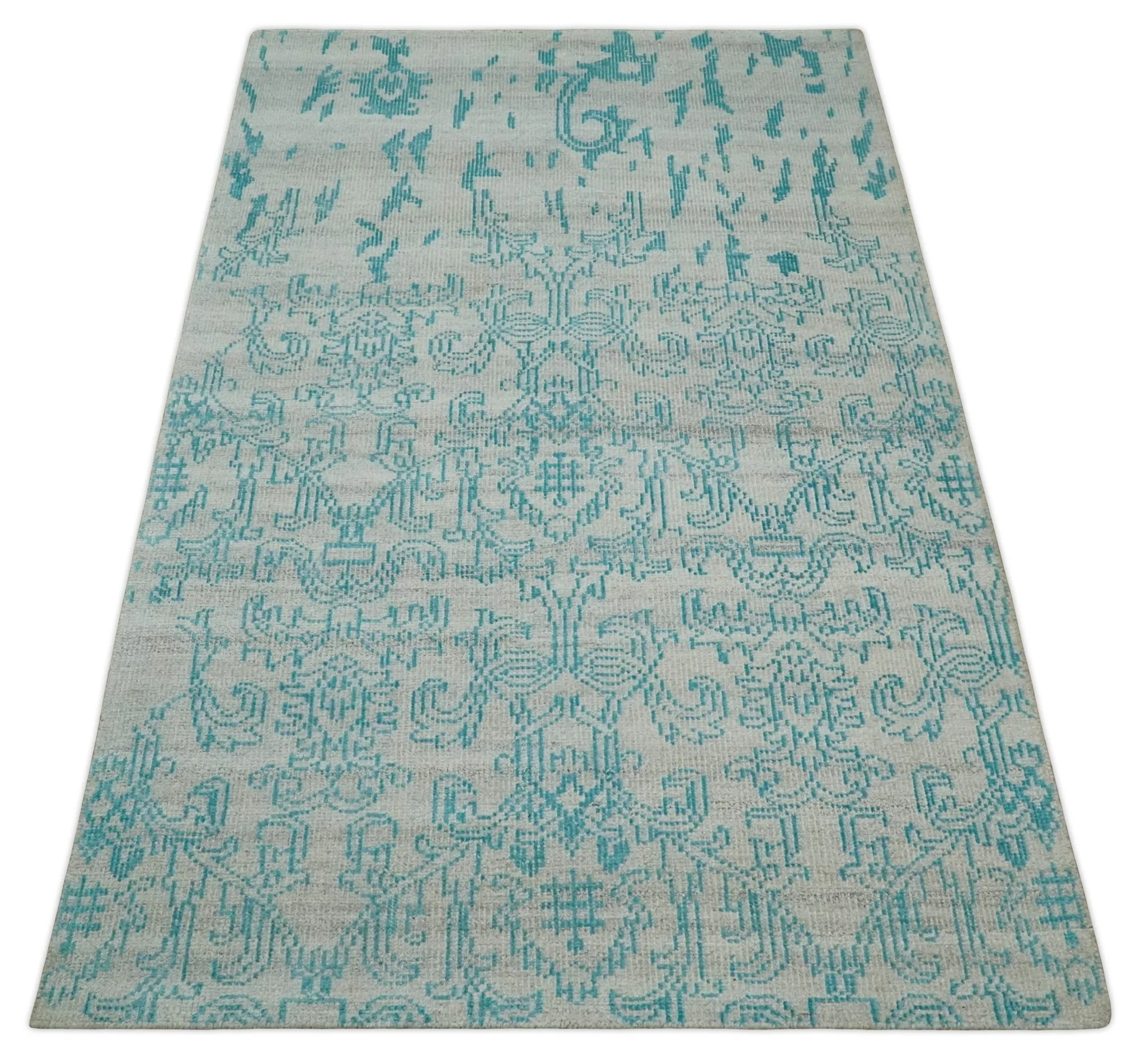 Antique 5x8 Hand Knotted Silver and Blue Persian made of Recycled Silk Area Rug | OP77 - Image 11