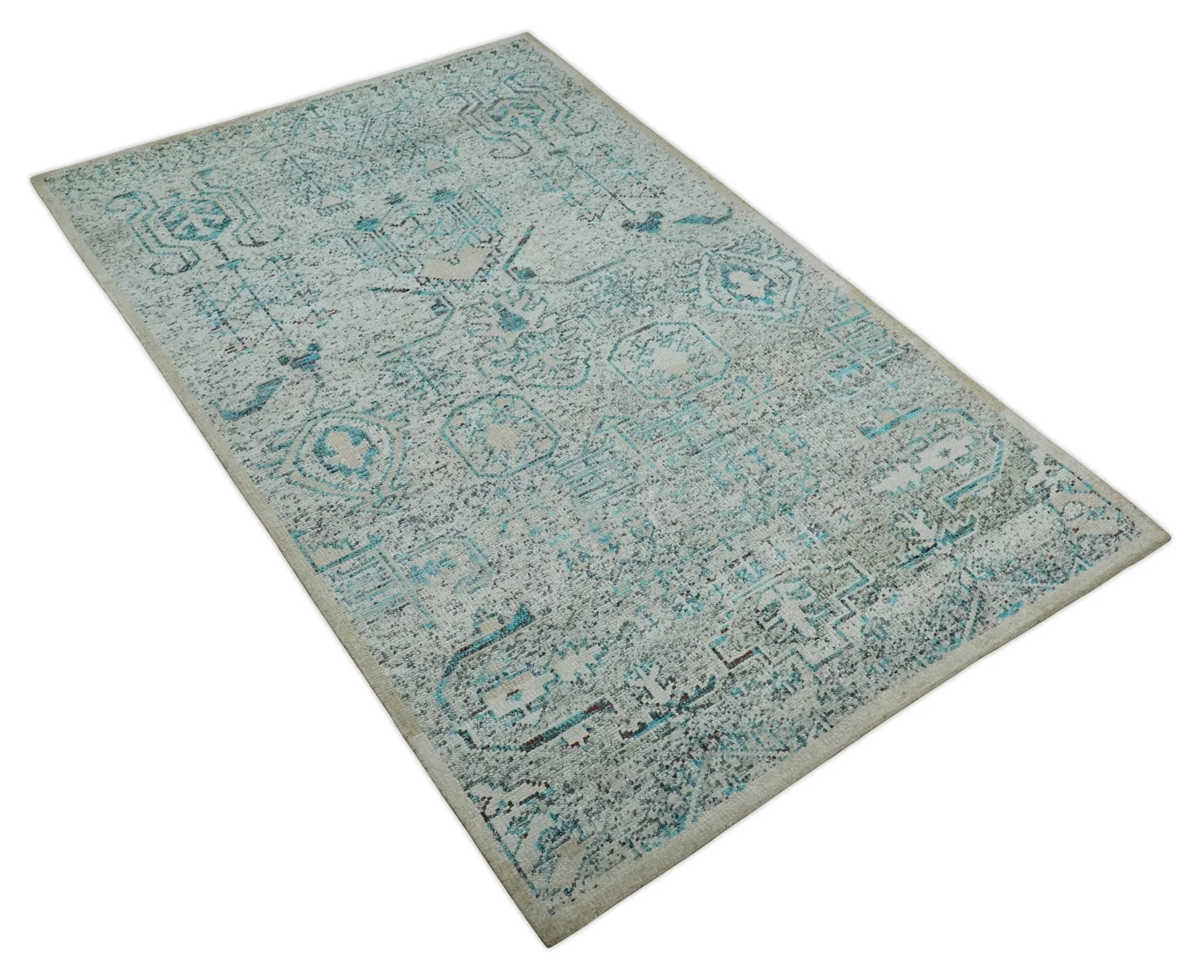 Antique 5x8 Hand Knotted Beige and Blue Persian made of Recycled Silk Area Rug | OP96 - Image 10