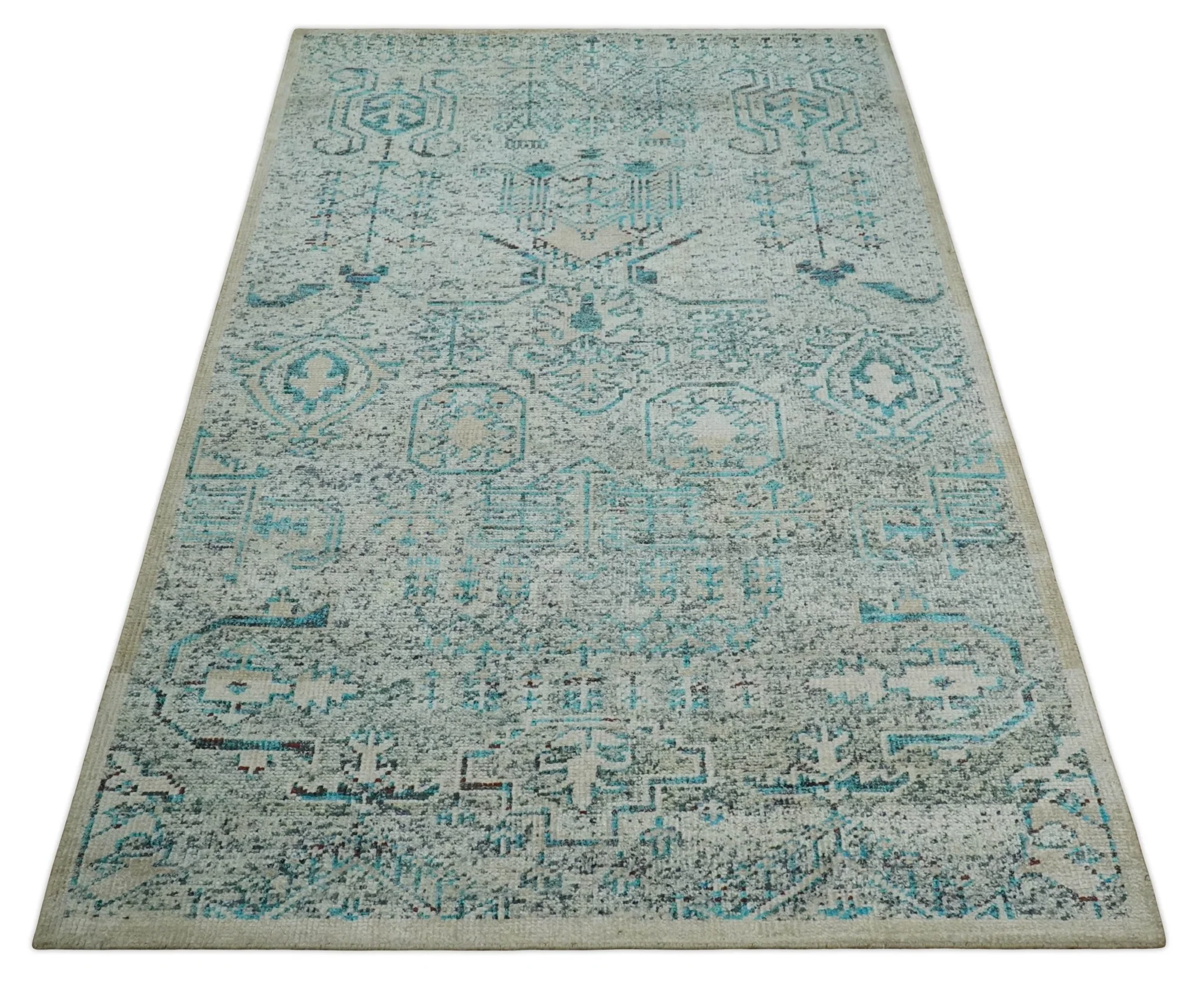 Antique 5x8 Hand Knotted Beige and Blue Persian made of Recycled Silk Area Rug | OP96 - Image 11