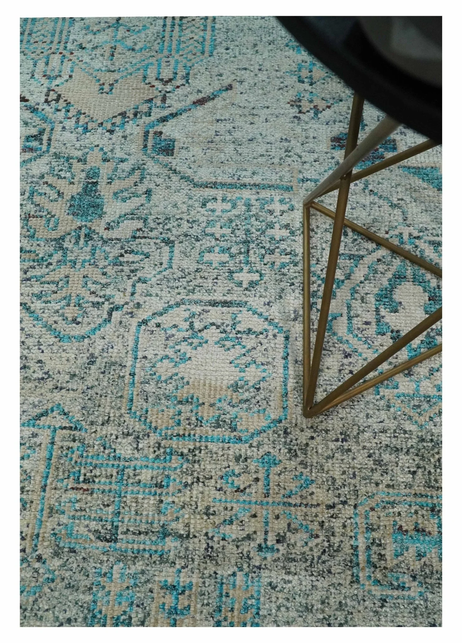 Antique 5x8 Hand Knotted Beige and Blue Persian made of Recycled Silk Area Rug | OP96 - Image 2