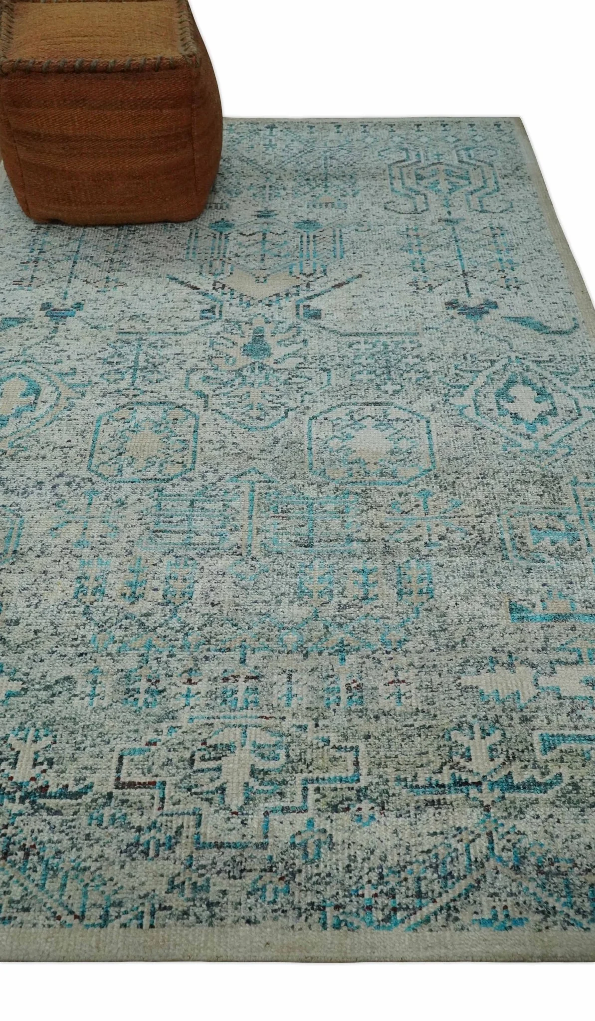 Antique 5x8 Hand Knotted Beige and Blue Persian made of Recycled Silk Area Rug | OP96 - Image 3