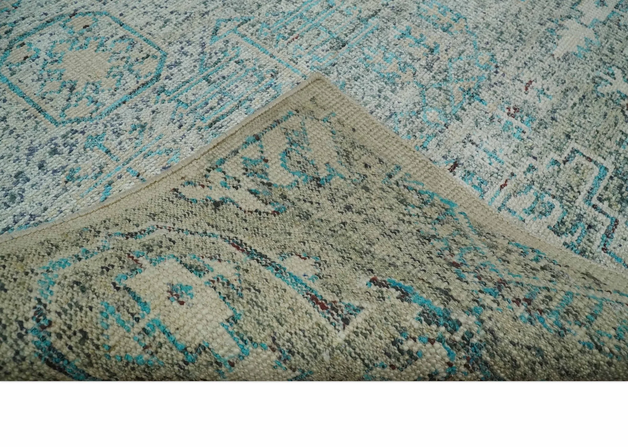 Antique 5x8 Hand Knotted Beige and Blue Persian made of Recycled Silk Area Rug | OP96 - Image 7