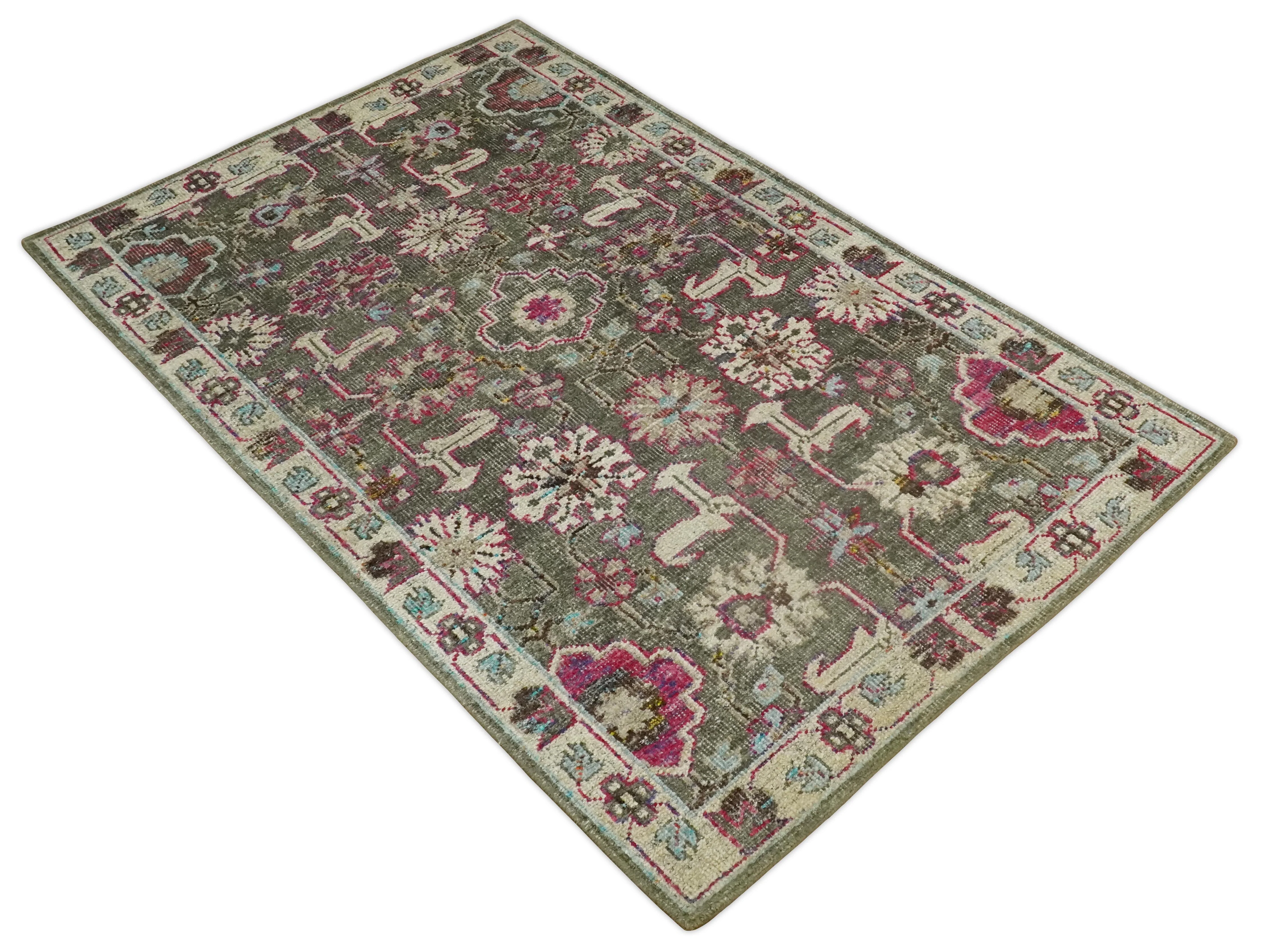 Antique Moss Green 5x8 Hand Knotted Beige and Pink Persian made of Bamboo Silk Area Rug | OP70 - Image 10