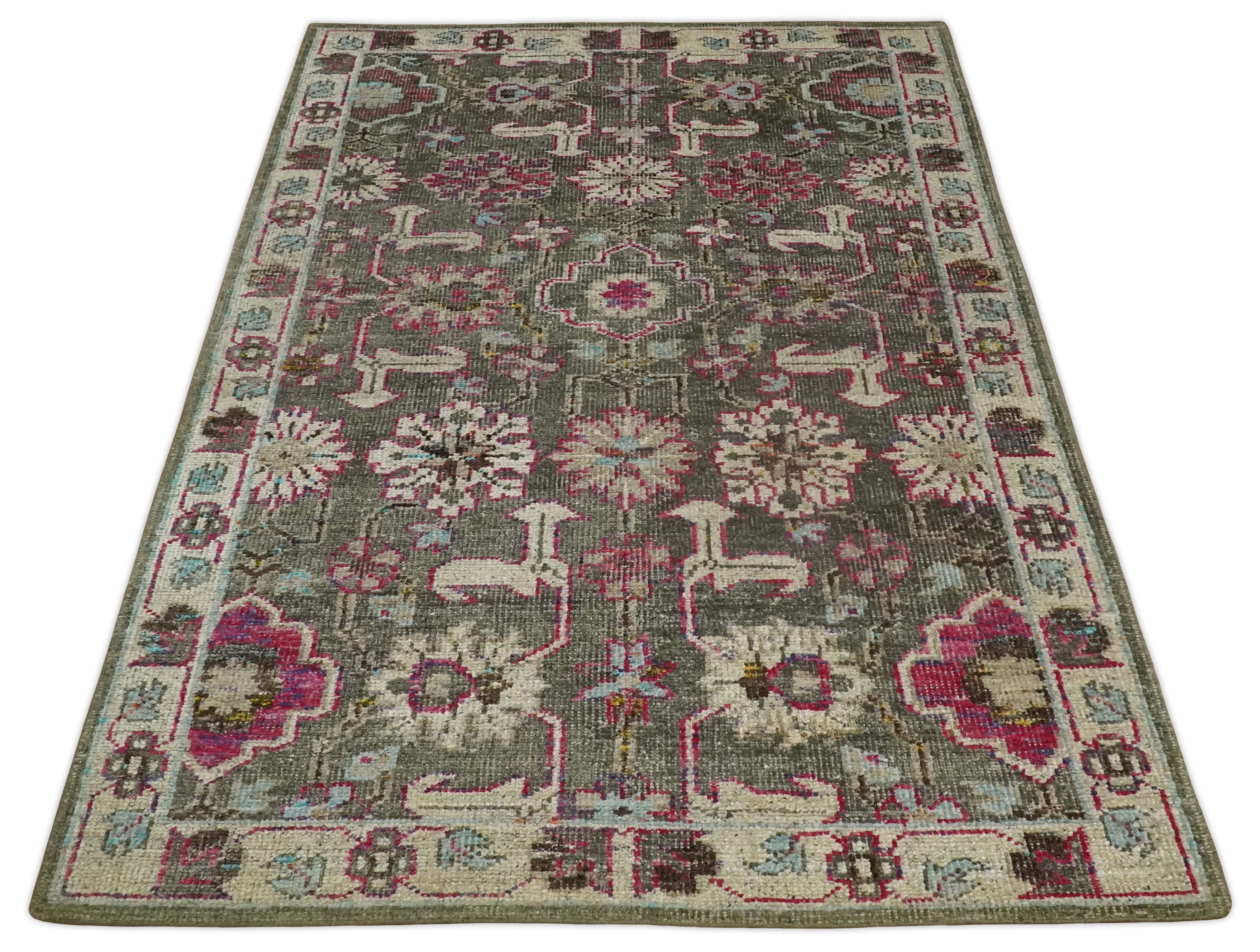 Antique Moss Green 5x8 Hand Knotted Beige and Pink Persian made of Bamboo Silk Area Rug | OP70 - Image 11