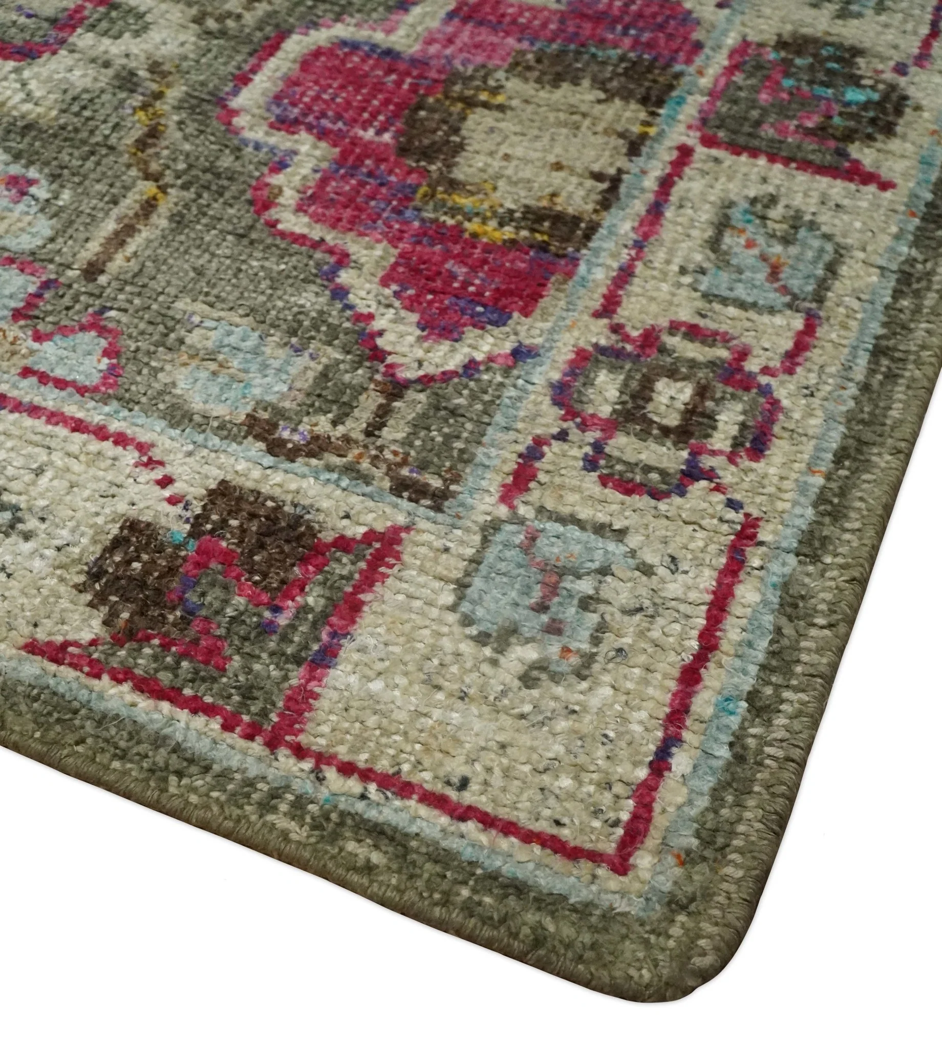 Antique Moss Green 5x8 Hand Knotted Beige and Pink Persian made of Bamboo Silk Area Rug | OP70 - Image 3