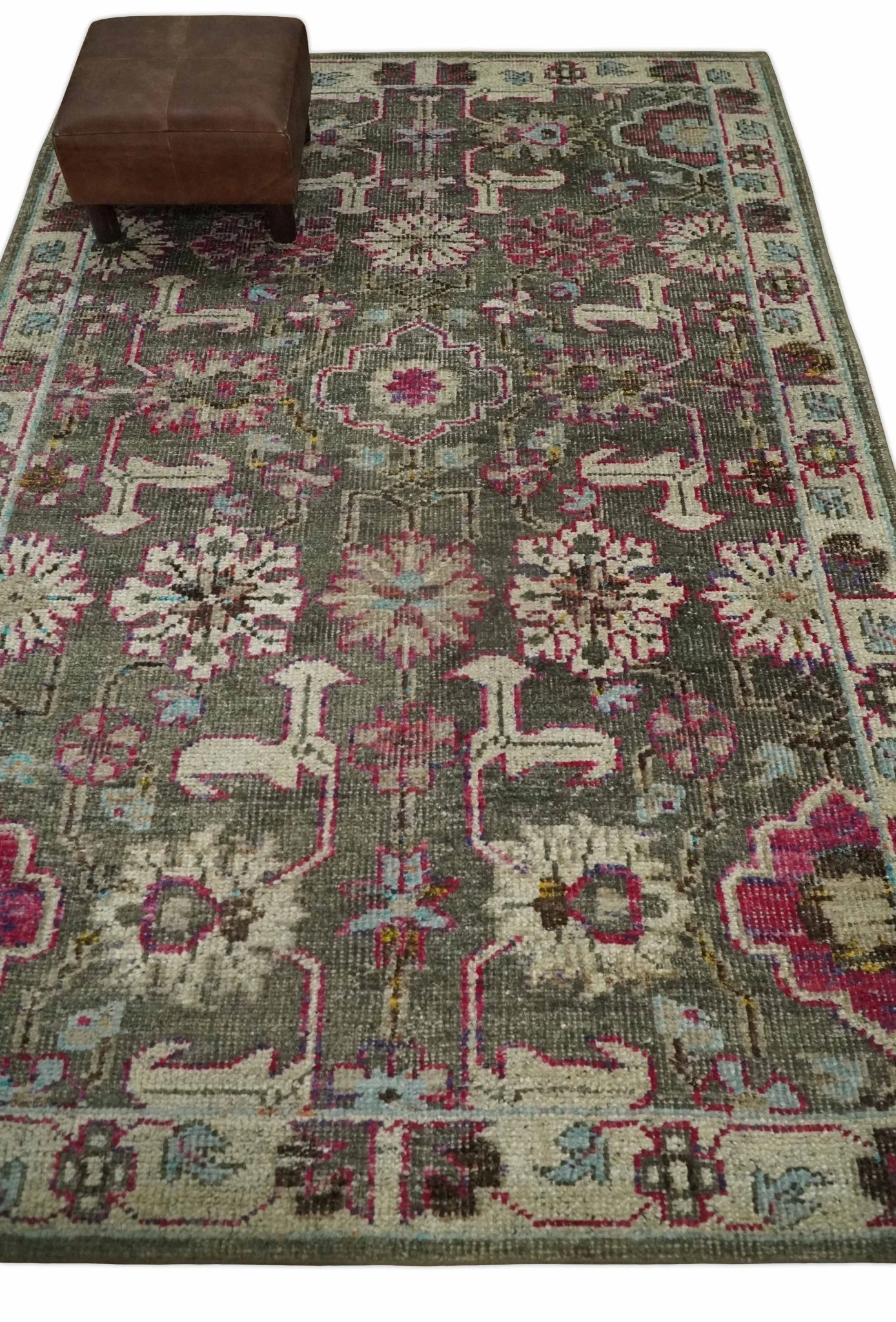 Antique Moss Green 5x8 Hand Knotted Beige and Pink Persian made of Bamboo Silk Area Rug | OP70 - Image 4