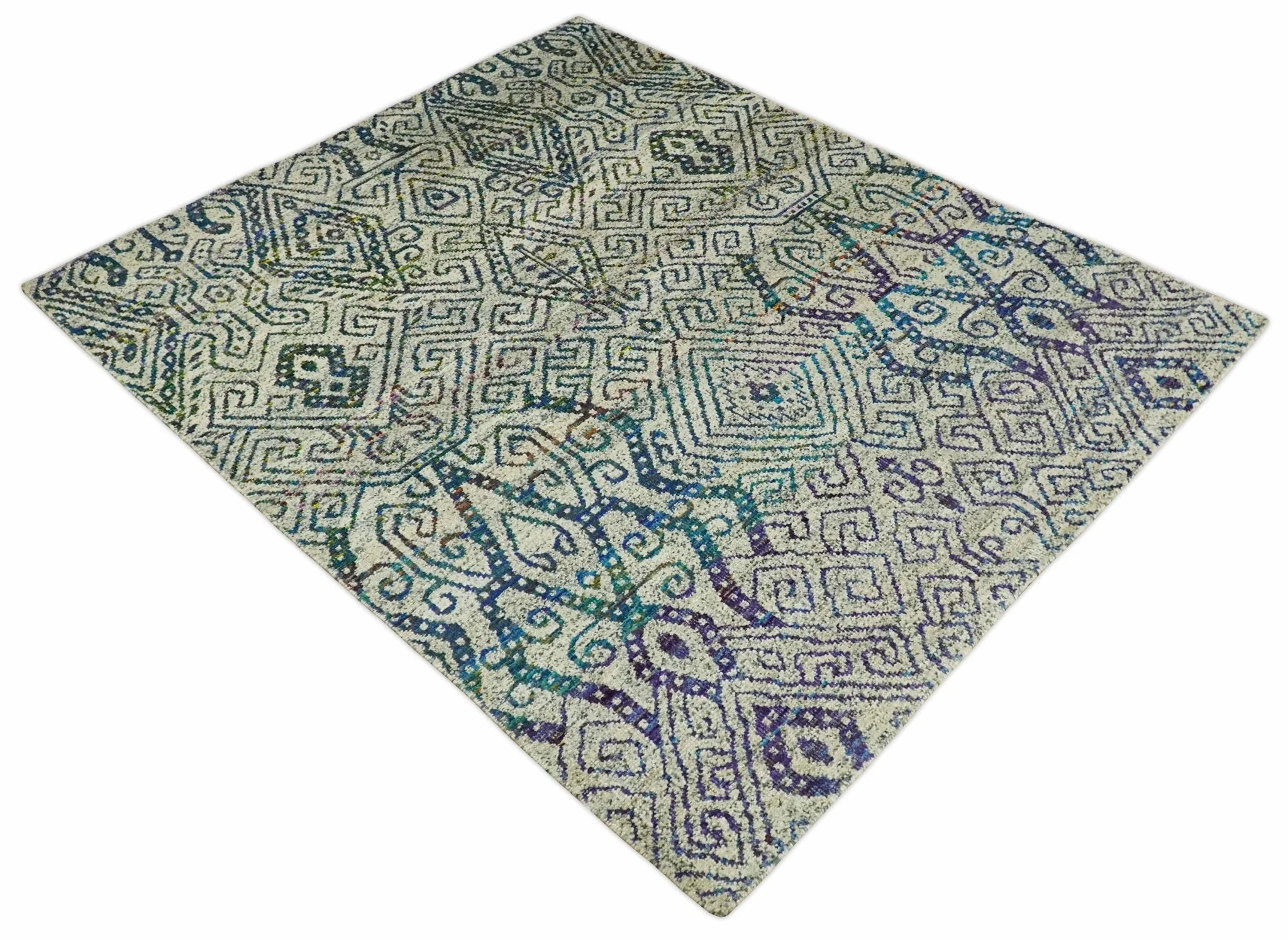 Antique 8x10 Hand Knotted Beige and Blue Persian made of Recycled Silk Area Rug | OP25 - Image 10